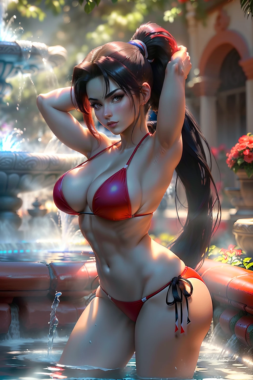 ((Mai shiranui de la serie King of Fighters)) (Cara hermosa)(Grandes ojos azules brillantes)(labios rojos) (((Very long black ponytail hairstyle))) ((pechos muy grandes) (Cuerpo delgado perfecto) ((lleva un sexy bikini de tiras rojas diminutas)), (posing sexy inside the Lottery Garden fountain) (mostrando trasero y) (a high definition, Incredible lights and shadows) ((Obra maestra)) (8k) (Cara perfecta) (Ultra detalles) (Manos perfectas, ojos, y cara)