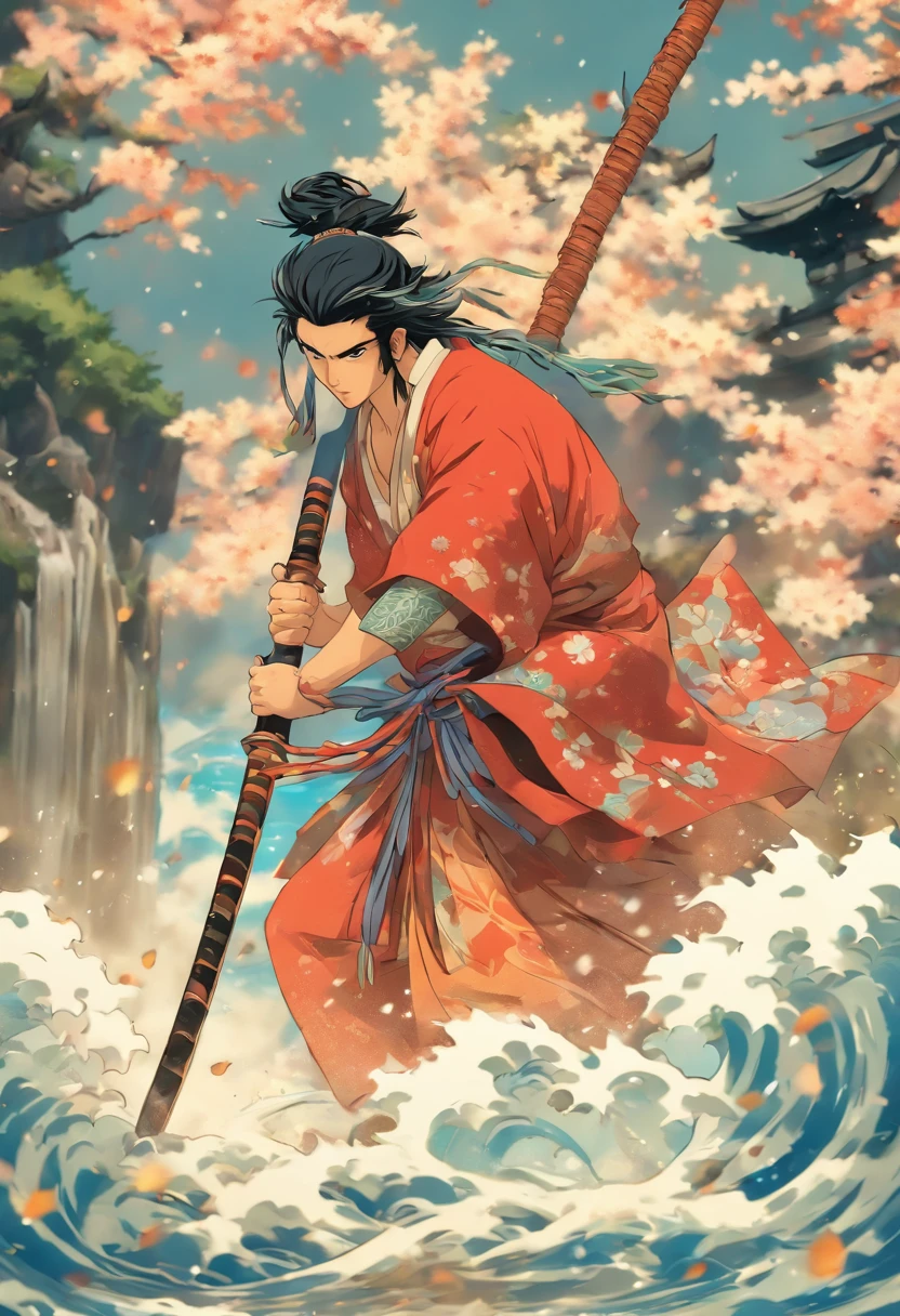 (((Man with a Japanese spear))) best quality, ultra-high resolution, 4K detailed CG, masterpiece, Izanagi,Black hair,man, with a Japanese spear, yari Sōjutsu,water,river,feudal Japan, ((Samurai spear)),Shui Mo Hua,Chinese painting style, Thangka Style, aesthetics, beautiful image,centered on the canvas