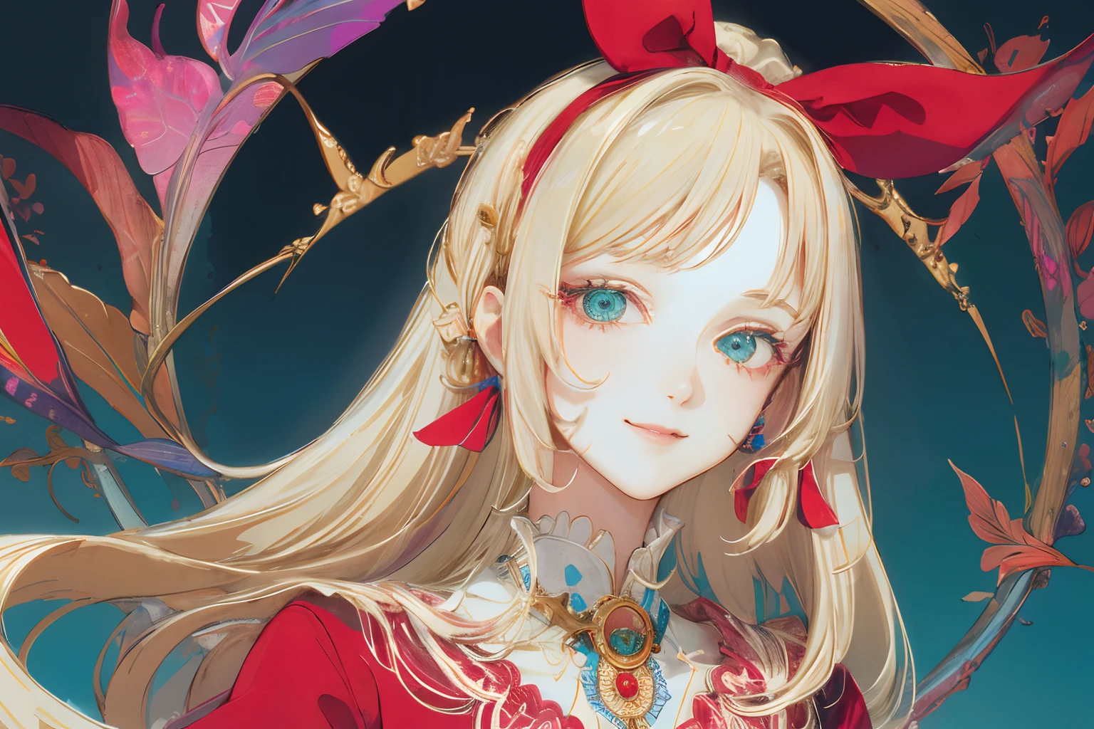 ​masterpiece: 1.7, top-quality、(Highly detailed CG、ultra-detailliert、Best Shadow:1.1)、独奏、Painterly、sketch、Paper texture、alice in the wonderland、Red ribbon on head、Red clothes、超A high resolution、extra detailed face、flat-colors、extra detailed face、extra detailed face、realisitic、limited pallete、Low contrast、The best lighting、Beautuful Women、lite smile、blanche:1.6、(Zentangle、a Mandala、Tangle、Entangle:1)