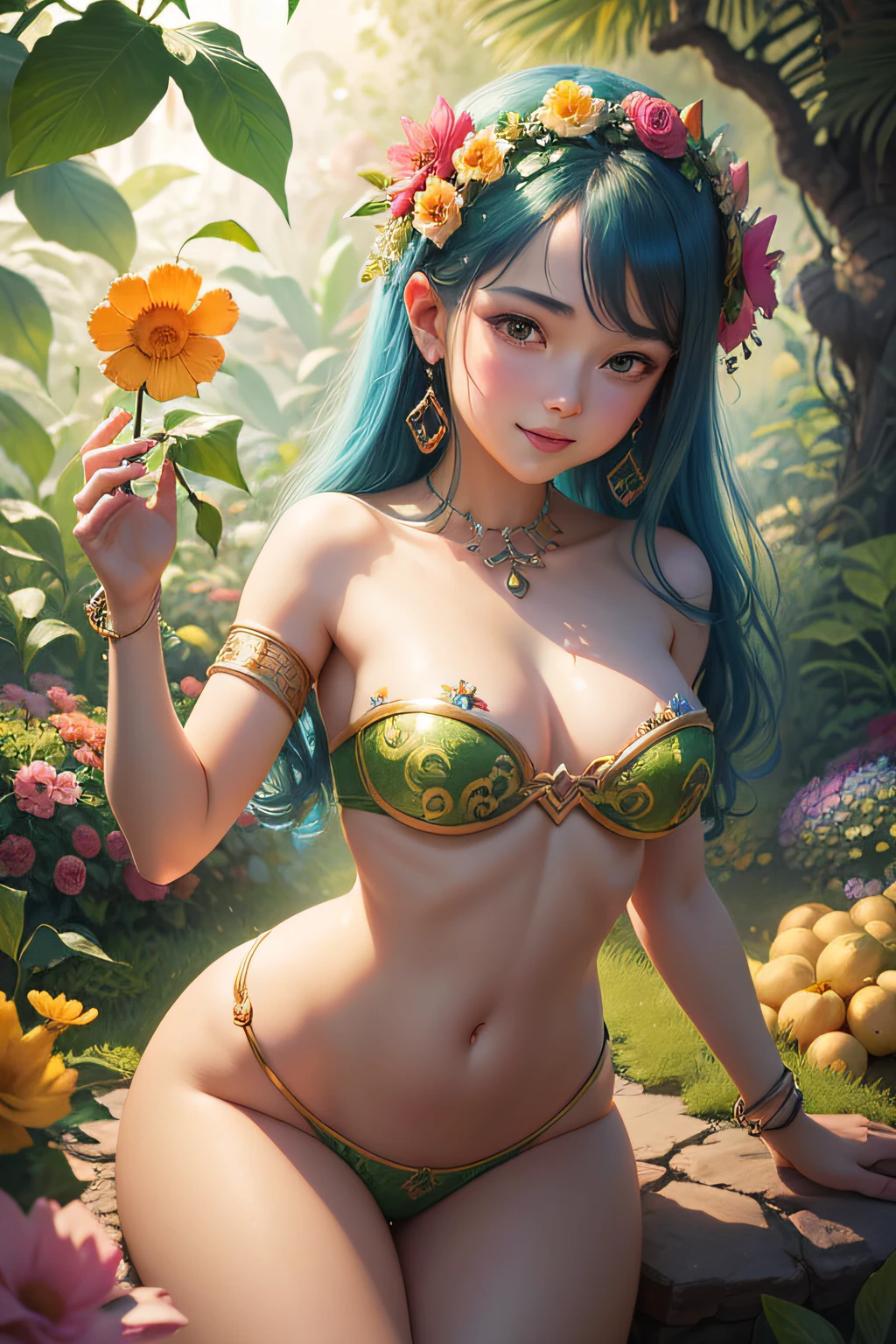 Produce a playful digital illustration with a fantasy artistry approach, inspired by the concept of a garden of delights, showcasing the playful nature of the Panswé Belu as it feasts on flowers and fruits in a composition that conveys its joyous interaction with its botanical surroundings