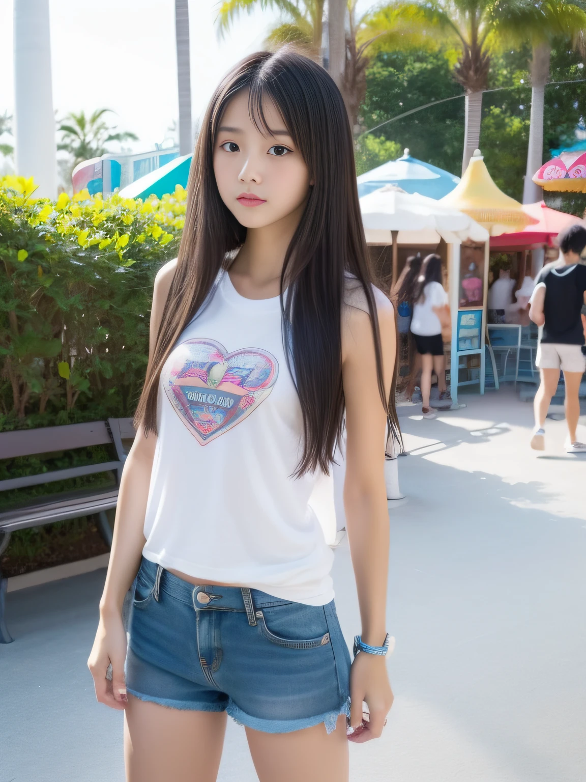 Looks Back,年轻,beach shorts,Long T-shirt,teens girl,Delicate body,petite body,Delicate body,small tits,tiny chest,A dark-haired,Very Longhair,An amusement park