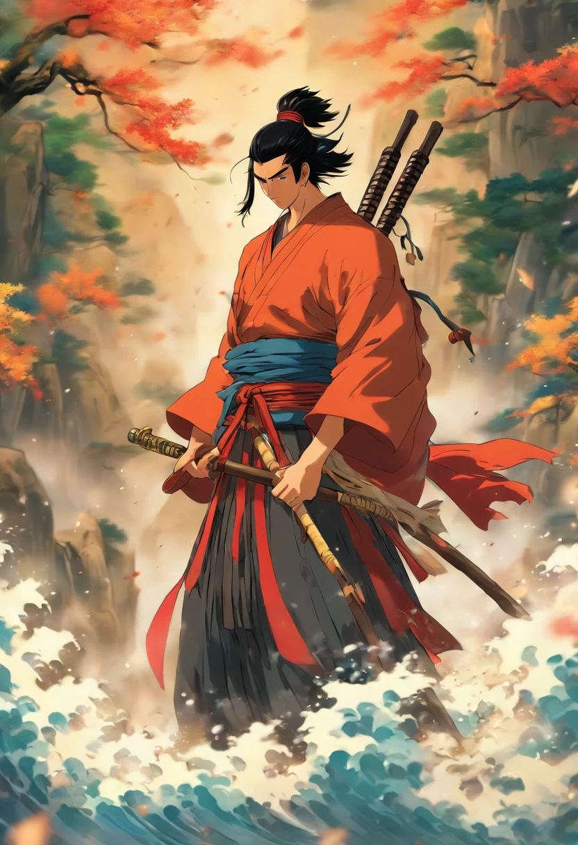 (((Man with a spear))) best quality, ultra-high resolution, 4K detailed CG, masterpiece, Izanagi,Black hair,man, with a spear, yari Samurai spear,water,river,feudal Japan, ( (Samurai spear)),Shui Mo Hua,Chinese painting style, Thangka Style, aesthetics, beautiful image,centered on the canvas