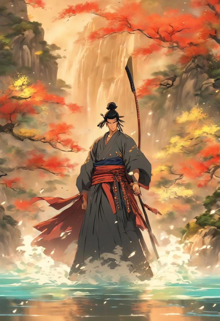 (((Man with a spear))) best quality, ultra-high resolution, 4K detailed CG, masterpiece, Izanagi,Black hair,man, with a spear, yari Samurai spear,water,river,feudal Japan, ( (Samurai spear)),Shui Mo Hua,Chinese painting style, Thangka Style, aesthetics, beautiful image,centered on the canvas