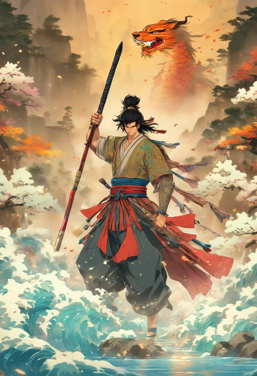 (((Man with a spear))) best quality, ultra-high resolution, 4K detailed CG, masterpiece, Izanagi,Black hair,man, with a spear, yari Samurai spear,water,river,feudal Japan, ( (Samurai spear)),Shui Mo Hua,Chinese painting style, Thangka Style, aesthetics, beautiful image,centered on the canvas