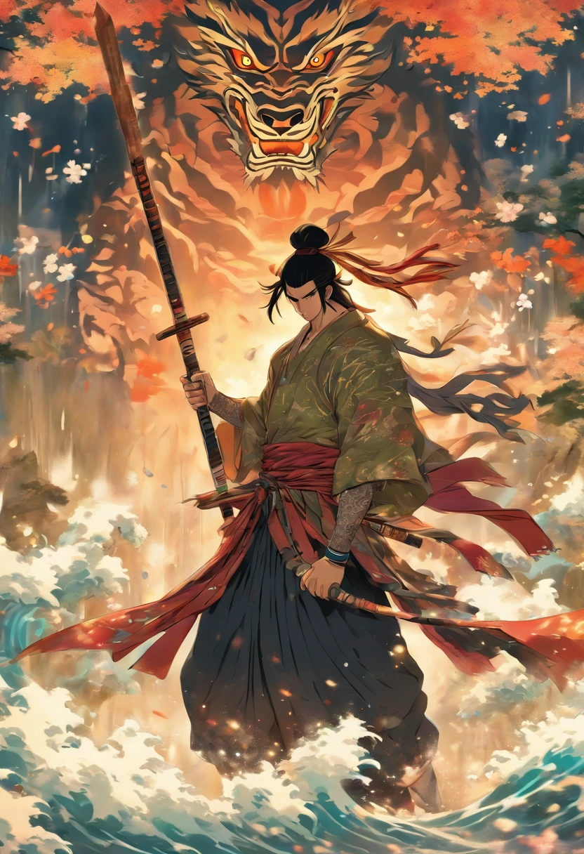 (((Man with a spear))) best quality, ultra-high resolution, 4K detailed CG, masterpiece, Izanagi,Black hair,man, with a spear, yari Samurai spear,water,river,feudal Japan, ( (Samurai spear)),Shui Mo Hua,Chinese painting style, Thangka Style, aesthetics, beautiful image,centered on the canvas