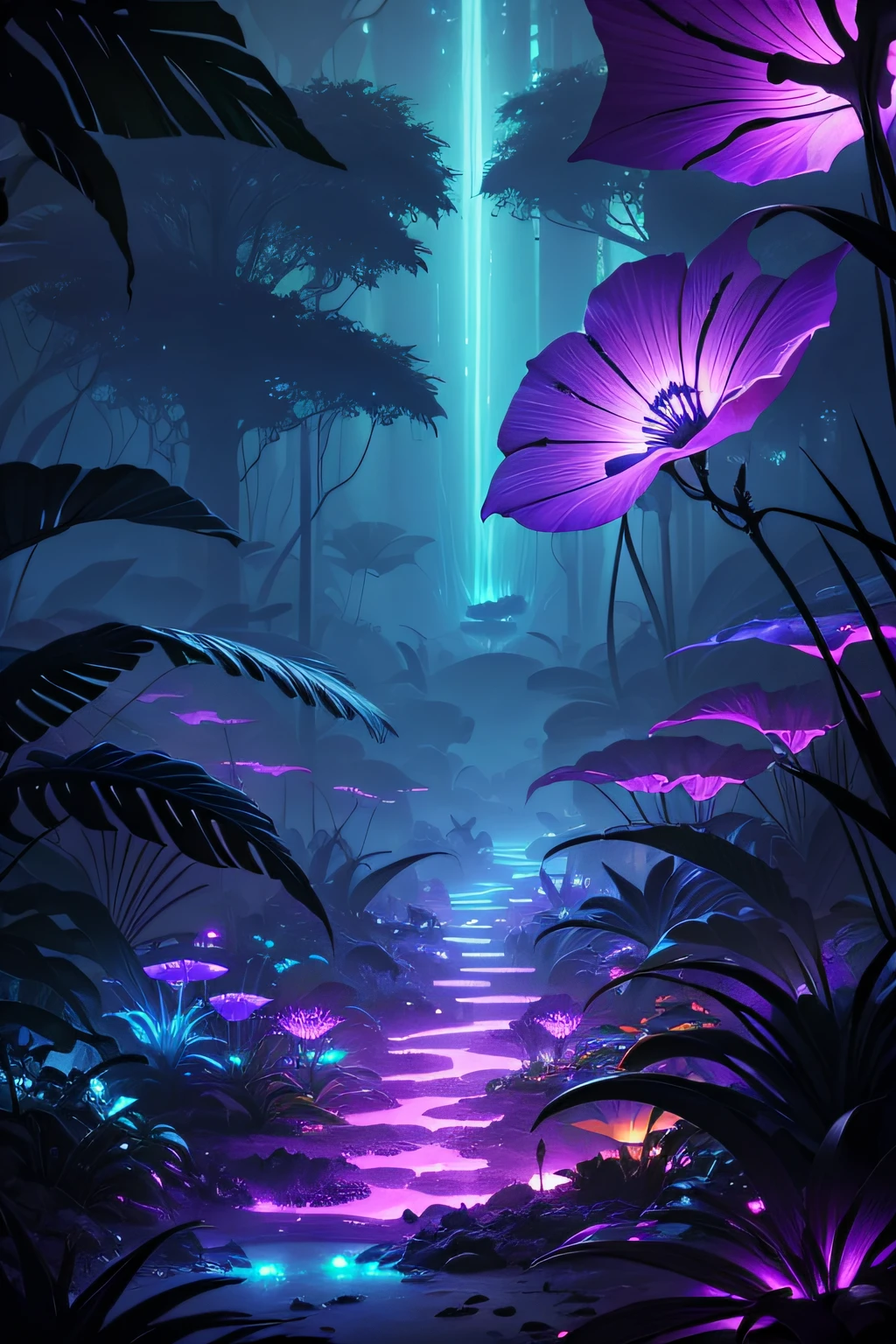 Dangerous Alien Jungle with Colorful Purple Bioluminescence