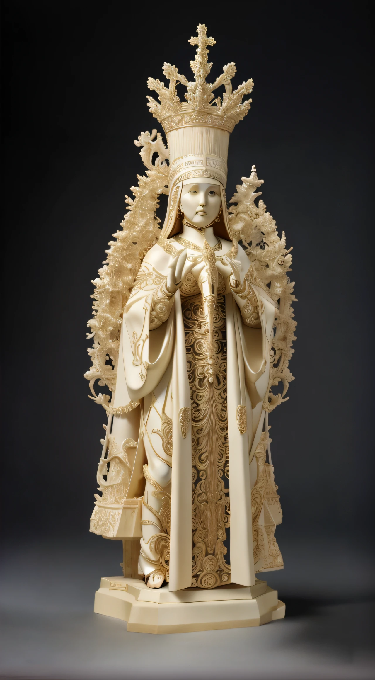 a closeup of a statue of a woman with a crown on her head, marfim esculpido, escultura em marfim, Senhora de Elche, Guanyin, queen of heaven, ornamental bone sculptures, escultura altamente detalhada, Guanyin dos Mares do Sul, Virgem Maria, escultura religiosa, santo, muito detalhado ", muito detalhado", imaculadamente detalhado, escultura intrincada