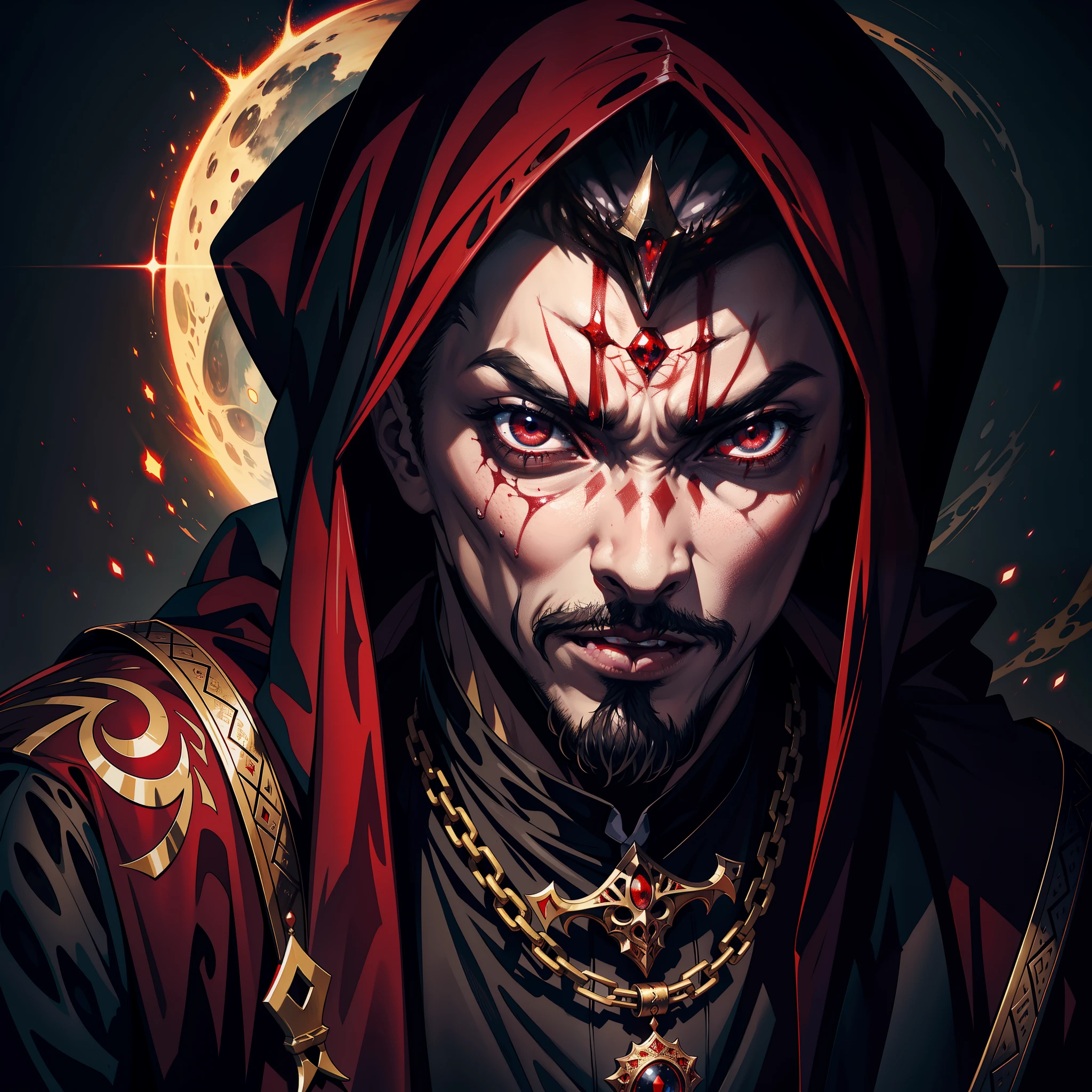 Arabic Moroccan Lord Dracula zoom on scary eyes red bright eyes hyper realistic Super detailed Master piece high quality handsome scary man