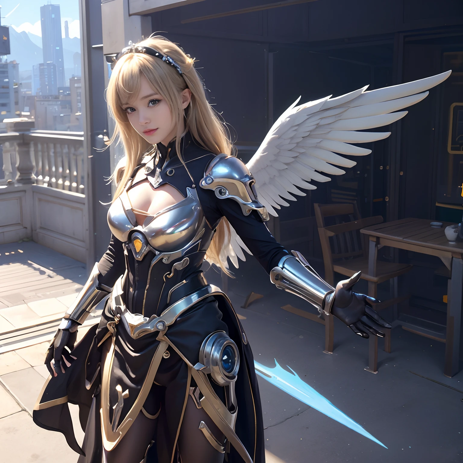 (Best Quality,Ultra-detailed,ultra-detailliert:1.2),1 girl,(mechanical wings:Golden feathers,Blue glowing eyes:1.2,golden armour:0.8), long and thin ears,(Cyberpunk City:1.5,arma:energyblade),(Fantasy landscape:1.2,Natural lighting:1.5,self-expression),(the panorama:1.2),mechanism,Shy smile,Your point of view,Angelic creatures,Wings,chrome plating,natural