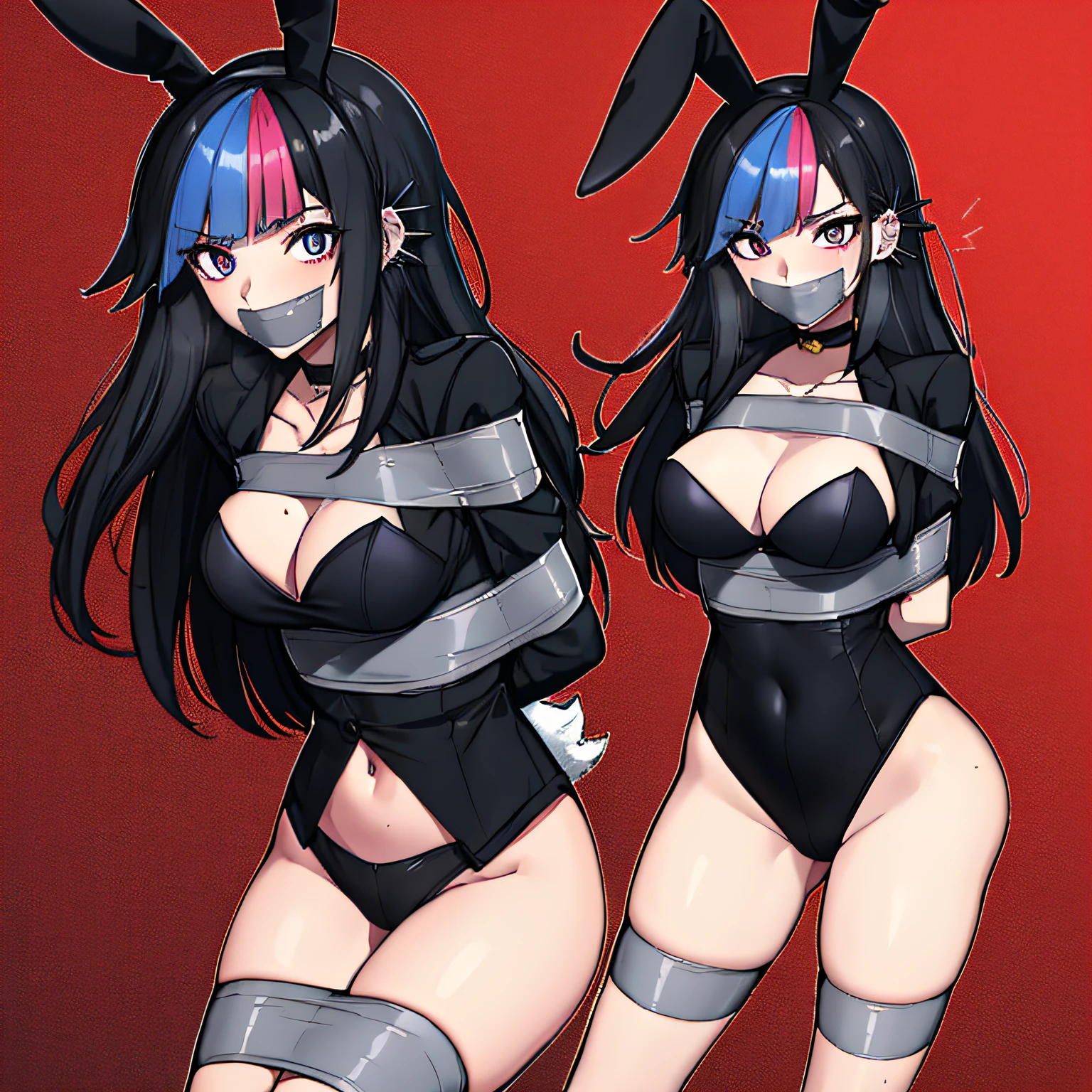(absurdres, 8k, 4k, masterpiece, hyper extreme detailed:1.2), solo, 1girl, front view, perfect face, 1girl, portrait, expressive eyes, solo, standing, Female, perfect hands, pale skin, friendly, excited, punk rock, Long Hair, Multicolored Hair, black choker, black lipstick, Piercings, Ear Piercings, Nose Piercings, medium Bust, smile, half body, perfect anatomy, hands in pockets, anatomically correct, cowboy shot, no background, empty background, covered chest, white background, exposed shoulder, bound, bondage, (arms behind back:1.4), bdsm, tape gag, tape, tape bondage, restrained, tape wrapped, wrap gag, bondage, taped wrists, taped breasts, taped mouth, taped elbows, taped forearms, standing up, 1girl, cleavage, black hair, bunny girl outfit, playboy bunny, bunny ears