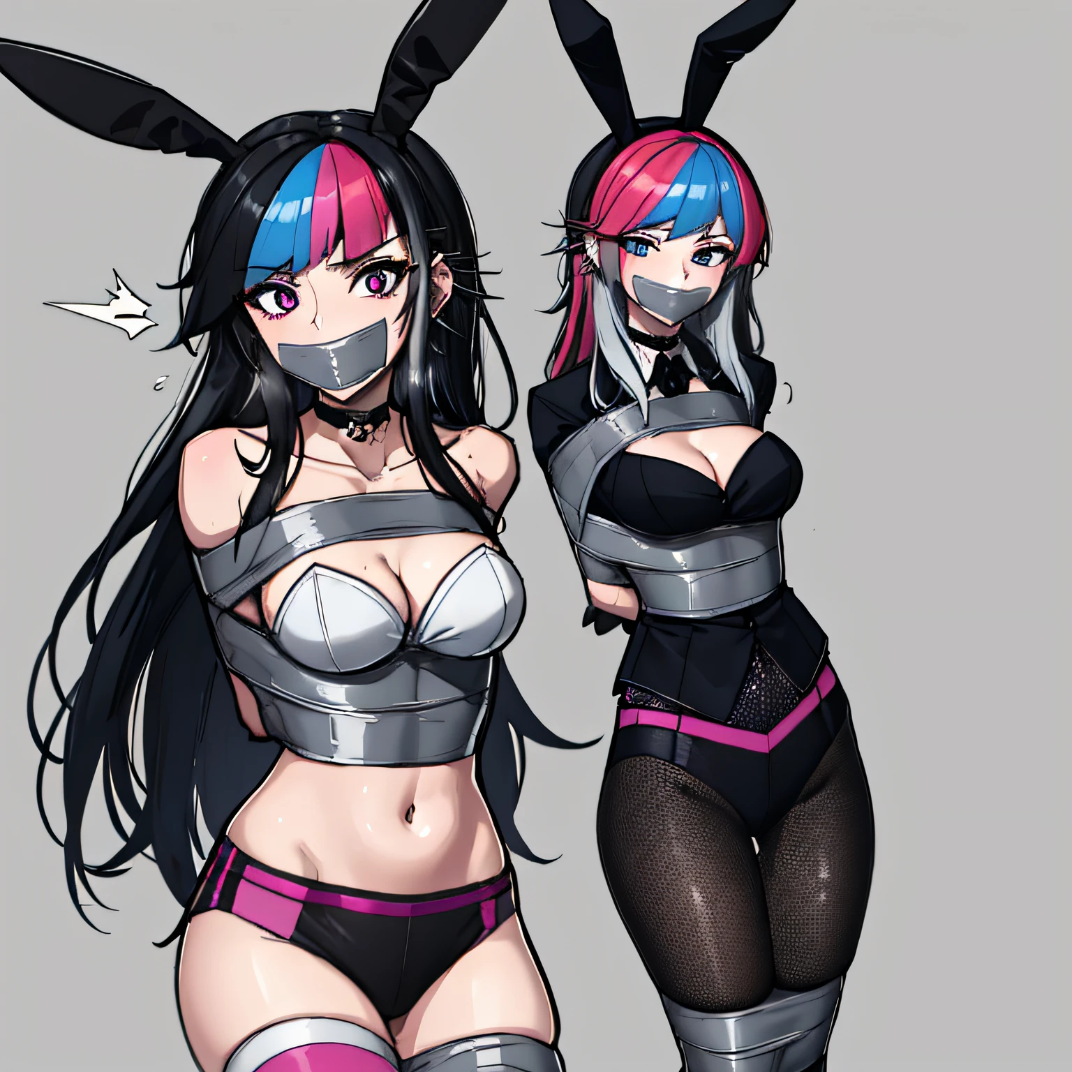 (absurdres, 8k, 4k, masterpiece, hyper extreme detailed:1.2), solo, 1girl, front view, perfect face, 1girl, portrait, expressive eyes, solo, standing, Female, perfect hands, pale skin, friendly, excited, punk rock, Long Hair, Multicolored Hair, black choker, black lipstick, Piercings, Ear Piercings, Nose Piercings, medium Bust, smile, half body, perfect anatomy, hands in pockets, anatomically correct, cowboy shot, no background, empty background, covered chest, white background, exposed shoulder, bound, bondage, (arms behind back:1.4), bdsm, tape gag, tape, tape bondage, restrained, tape wrapped, wrap gag, bondage, taped wrists, taped breasts, taped mouth, taped elbows, taped forearms, standing up, 1girl, cleavage, black hair, bunny girl outfit, playboy bunny, bunny ears