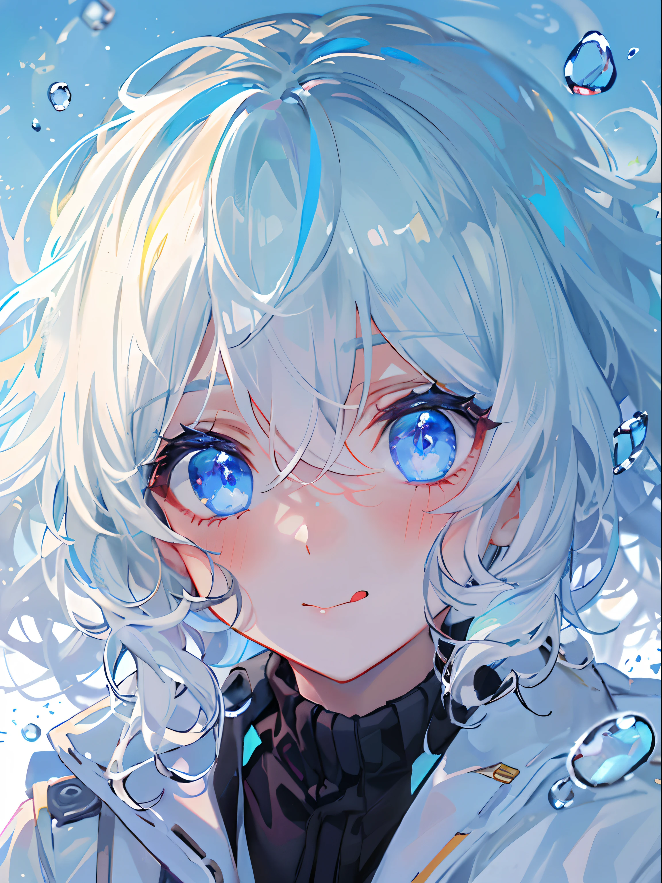 ((top-quality)), ((masterpiece)), ((ultra-detailliert)), (extremely delicate and beautiful), girl with, 独奏, cold attitude,((Black jacket)),She is very(relax)with the(Settled down)Looks, depth of fields,evil smile,Bubble, under the water, Air bubble,bright light blue eyes,Inner color with light white hair and and light blue tips,Cold background,Bob Hair - Linear Art, shortpants、knee high socks、White uniform like school uniform、Light blue ribbon ties、Clothes are sheer、Hands in pockets、Bright eyes like sapphires,flourescent blue, There was a little blue light floating around、Upper eyes、stick out tongue