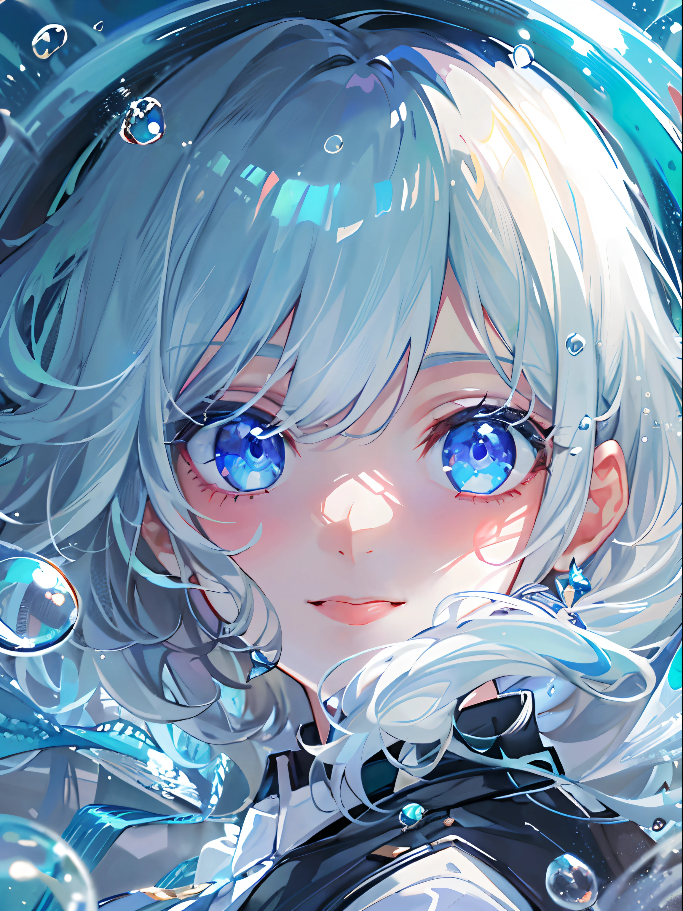 ((top-quality)), ((masterpiece)), ((ultra-detailliert)), (extremely delicate and beautiful), girl with, 独奏, cold attitude,((Black jacket)),She is very(relax)with the(Settled down)Looks, depth of fields,evil smile,Bubble, under the water, Air bubble,bright light blue eyes,Inner color with light white hair and and light blue tips,Cold background,Bob Hair - Linear Art, shortpants、knee high socks、White uniform like school uniform、Light blue ribbon ties、Clothes are sheer、Hands in pockets、Bright eyes like sapphires,flourescent blue, There was a little blue light floating around、Upper eyes、stick out tongue
