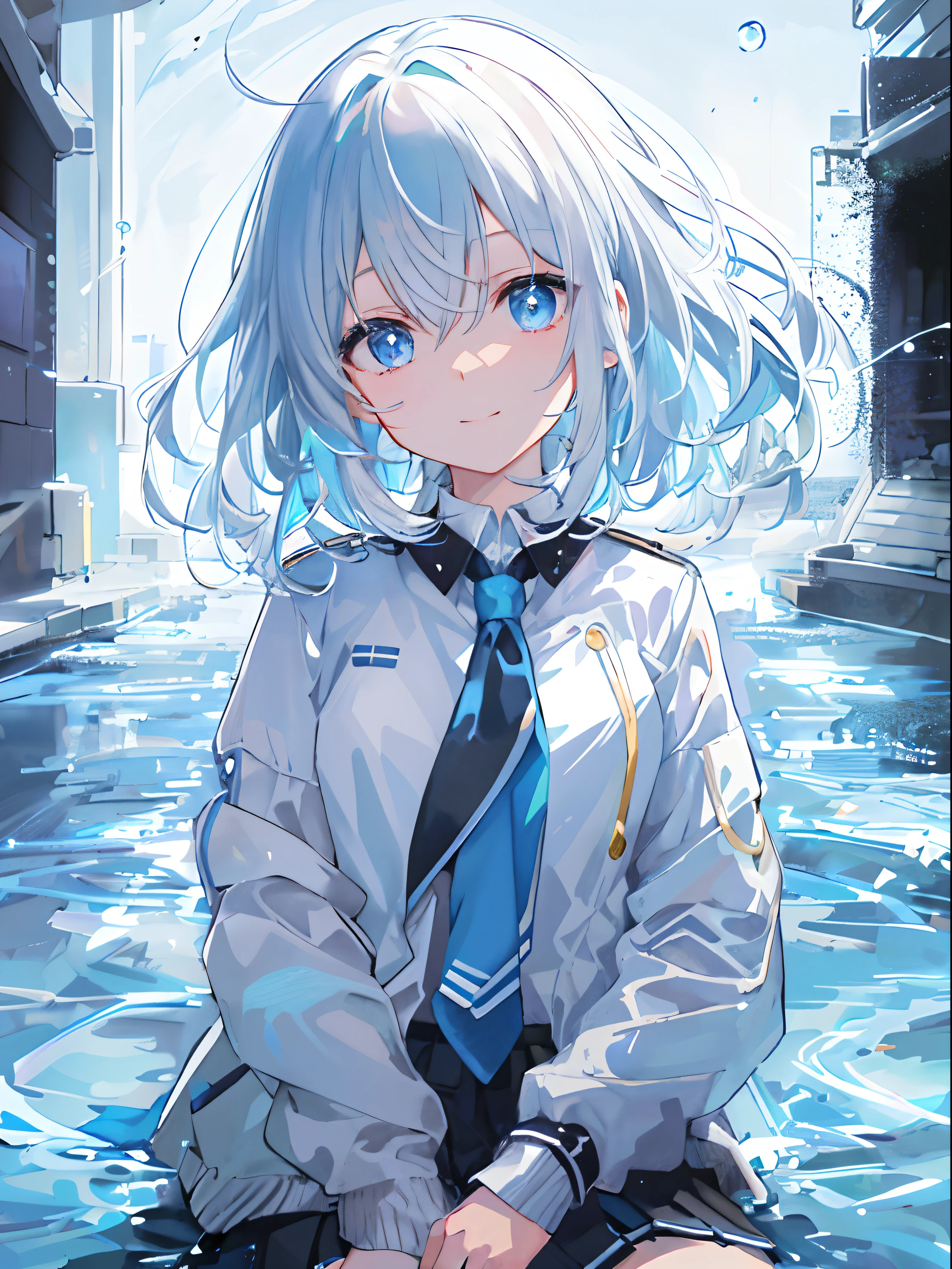 ((top-quality)), ((masterpiece)), ((ultra-detailliert)), (extremely delicate and beautiful), girl with, 独奏, cold attitude,((Black jacket)),She is very(relax)with the(Settled down)Looks,A dark-haired, depth of fields,evil smile,Bubble, under the water, Air bubble,bright light blue eyes,Inner color with light white hair and and light blue tips,Cold background,Bob Hair - Linear Art, shortpants、knee high socks、White uniform like school uniform、Light blue ribbon ties、Clothes are sheer、Hands in pockets、Bright eyes like sapphires,flourescent blue, There was a little blue light floating around、Upper eyes、