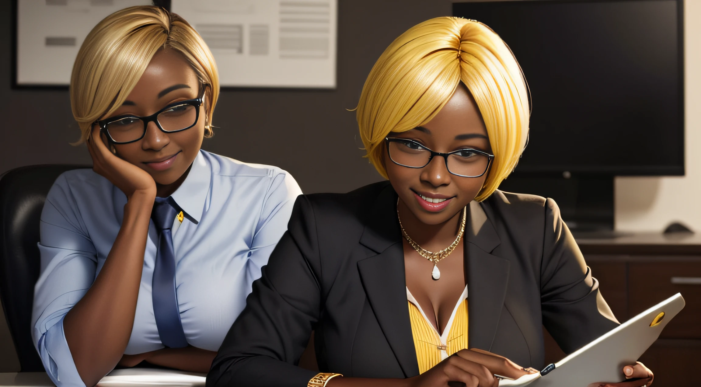 very huge breasts, dark skin, yellow hair, short hair, Happy smile, realistic and detailed hands, realistic and detailed face, realistic and detailed tooth, realistic and detailed foots, realistic and detailed face, normal glasses, business clothes skirt, office, reading tablet.