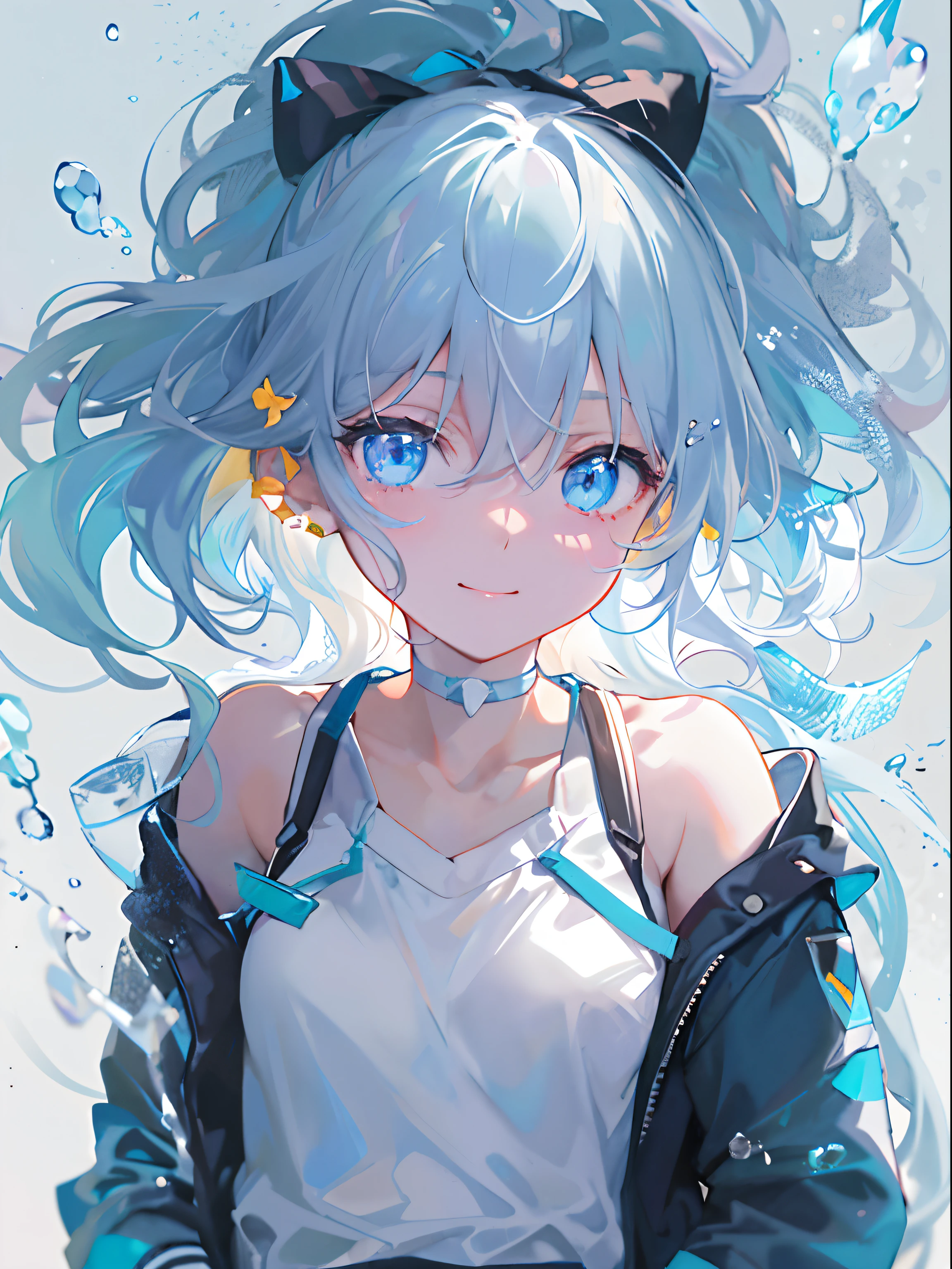 ((top-quality)), ((masterpiece)), ((ultra-detailliert)), (extremely delicate and beautiful), girl with, 独奏, cold attitude,((Black jacket)),She is very(relax)with the(Settled down)Looks,A dark-haired, depth of fields,evil smile,Bubble, under the water, Air bubble,bright light blue eyes,Inner color with light white hair and and light blue tips,Cold background,Bob Hair - Linear Art, shortpants、knee high socks、White uniform like school uniform、Light blue ribbon ties、Clothes are sheer、Hands in pockets、Bright eyes like sapphires,flourescent blue, There was a little blue light floating around、Upper eyes、