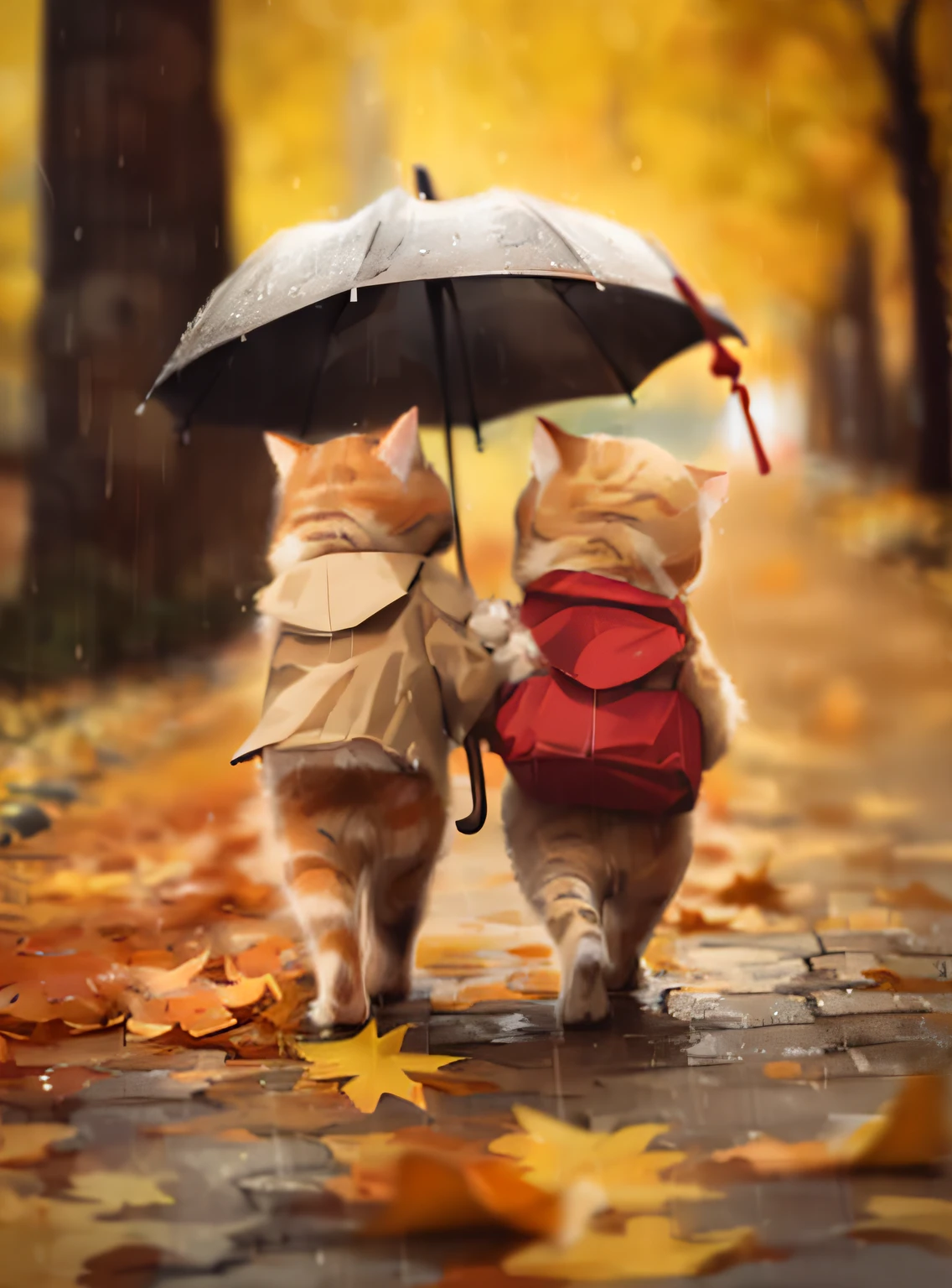 there are two cats that are walking under an umbrella, walking together, cute cats, 🍂 cute, on a rainy day, aww, cute and adorable, lovely and cute, best friends, incredibly cute, adorably cute, 🍁 cute, umbrellas, autumn season, cute kittens, it's raining outside, in the rain, walking towards you, just after rain