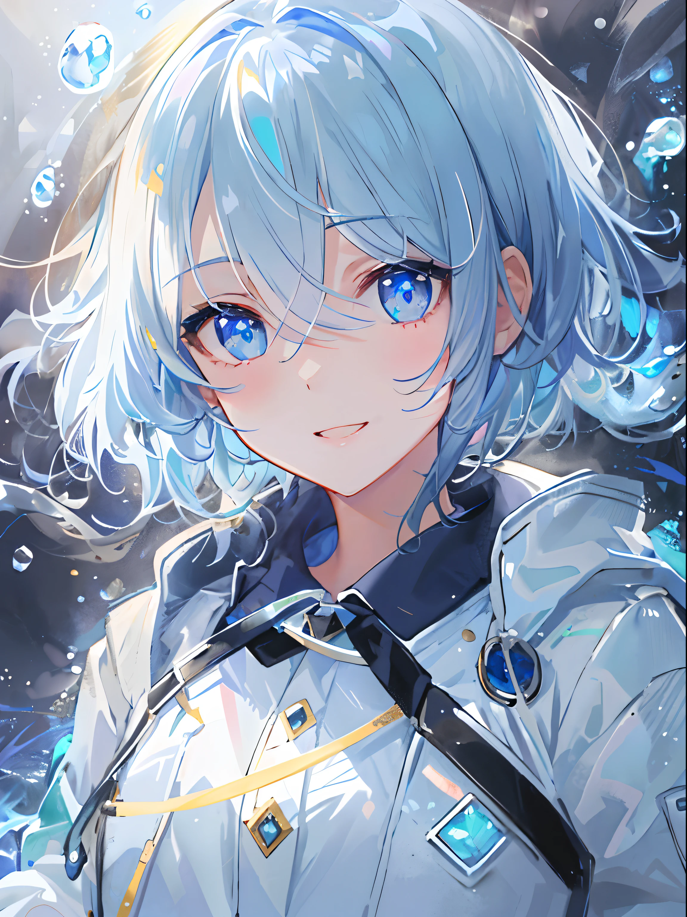 ((top-quality)), ((​masterpiece)), ((ultra-detailliert)), (extremely delicate and beautiful), girl with, 独奏, cold attitude,((Black jacket)),She is very(relax)with the(Settled down)Looks,A dark-haired, depth of fields,evil smile,Bubble, under the water, Air bubble,bright light blue eyes,Inner color with light white hair and and light blue tips,Cold background,Bob Hair - Linear Art, shortpants、knee high socks、White uniform like school uniform、Light blue ribbon ties、Clothes are sheer、Hands in pockets、Bright eyes like sapphires,flourescent blue, There was a little blue light floating around、Upper eyes、