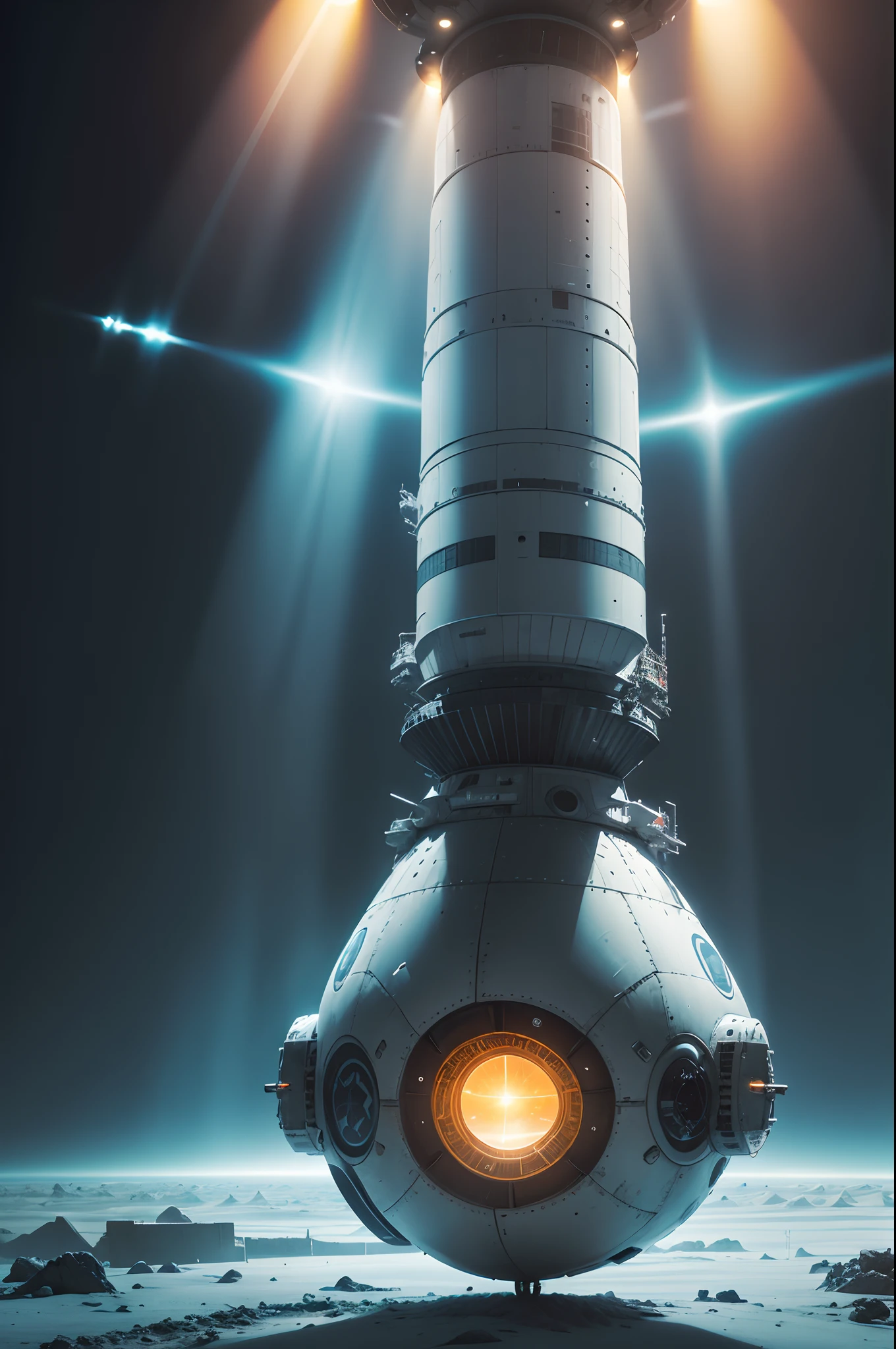 Nave espacial tipo disco volador ovni, Starry in desert place, soledad total, cold sunset low sun, no hay sobreviviente. Imagen hiper realista, cinematography lighting, renderizado a 16K, perspectiva cenital baja, Professional cinematographic lighting, ambiente frio y solitario, trozos de la nave espacial disco volador esparcidos por el terreno, nave espacial enterrada en el piso. The entire flying disc-type spacecraft destroyed, sin sobrevivientes, silencio total, Loneliness and polar cold. Nave espacial disco volador derribada en el suelo, Heavy atmosphere, Acid gases in the environment, frio, sol muy bajo, Nave espacial disco volador enorme, mega construction style H. R. Giger destroyed, Knocked down on the ground after a war, polar cold, polar cold, disco volador estrellado, disco volador estrellado, fuselaje blando, en metal blanco