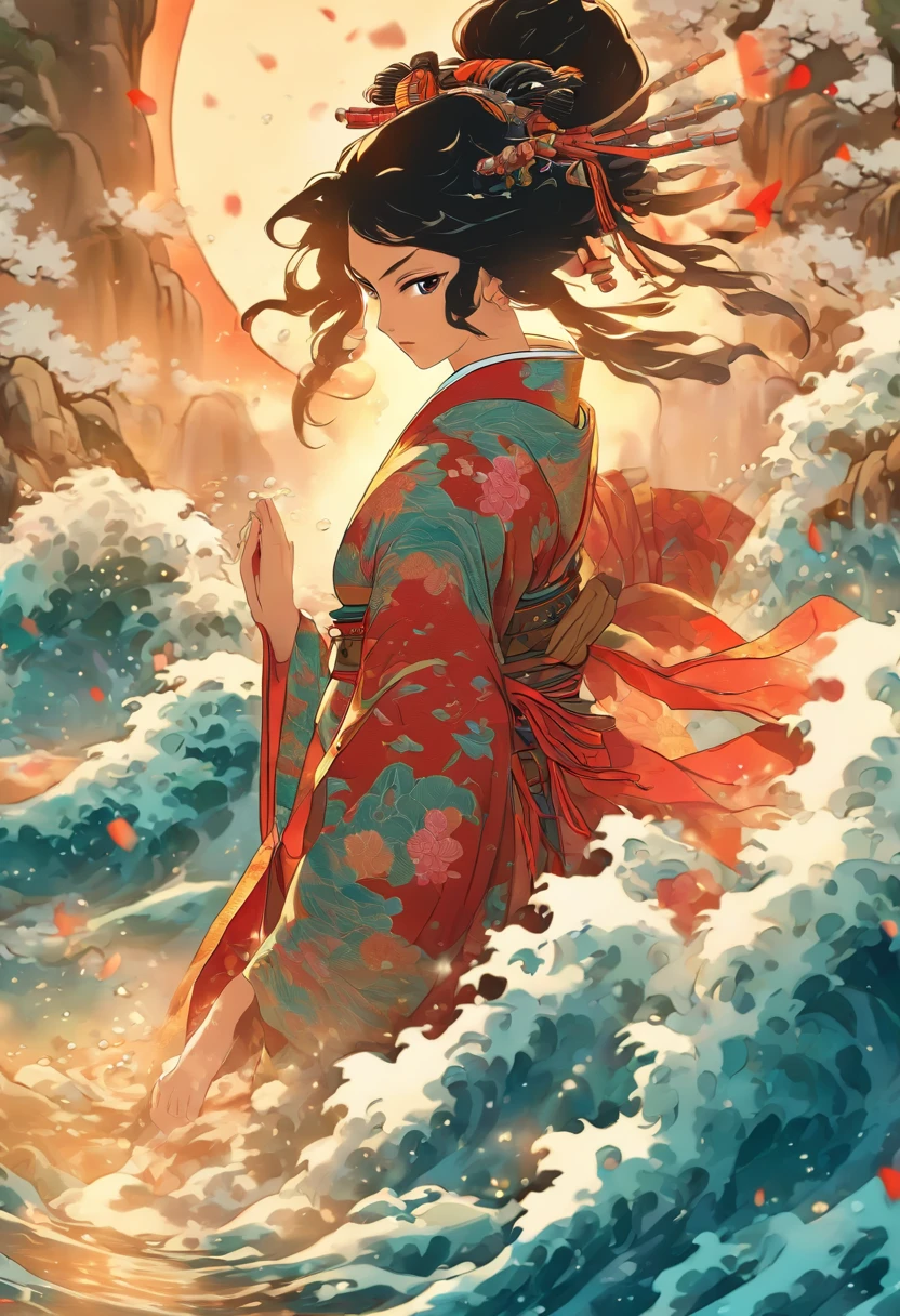 (((woman)) best quality, ultra-high resolution, 4K detailed CG, masterpiece, Izanami,Black hair,woman, samurai,water,river,feudal Japan, ((In water)),Shui Mo Hua ,Chinese painting style, Thangka Style, aesthetics, beautiful image, centered on the canvas