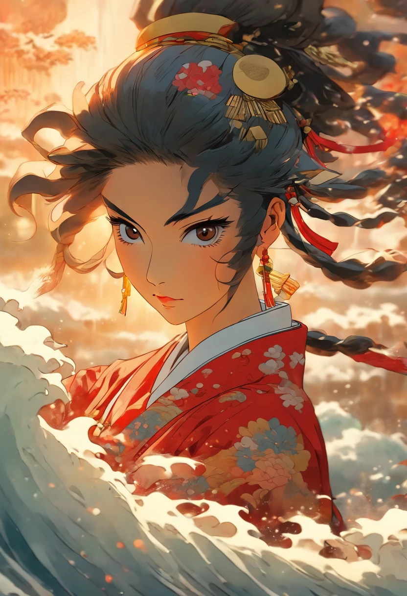 (((woman)) best quality, ultra-high resolution, 4K detailed CG, masterpiece, Izanami,Black hair,woman, samurai,water,river,feudal Japan, ((In water)),Shui Mo Hua ,Chinese painting style, Thangka Style, aesthetics, beautiful image, centered on the canvas