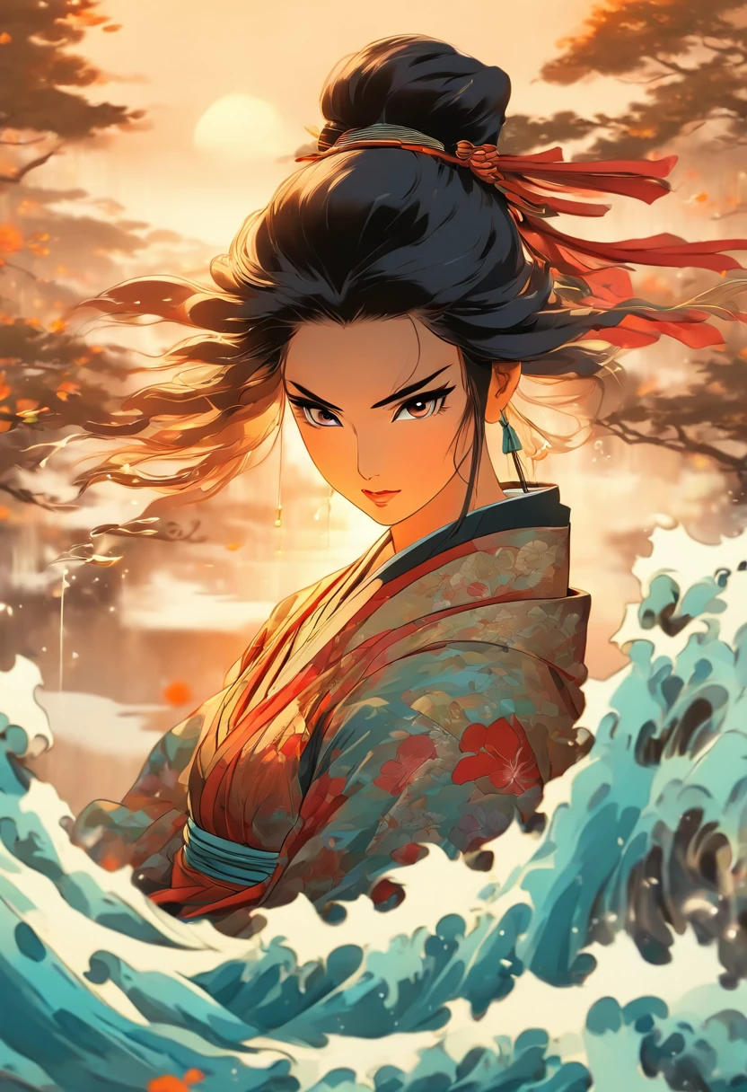 (((woman)) best quality, ultra-high resolution, 4K detailed CG, masterpiece, Izanami,Black hair,woman, samurai,water,river,feudal Japan, ((In water)),Shui Mo Hua ,Chinese painting style, Thangka Style, aesthetics, beautiful image, centered on the canvas