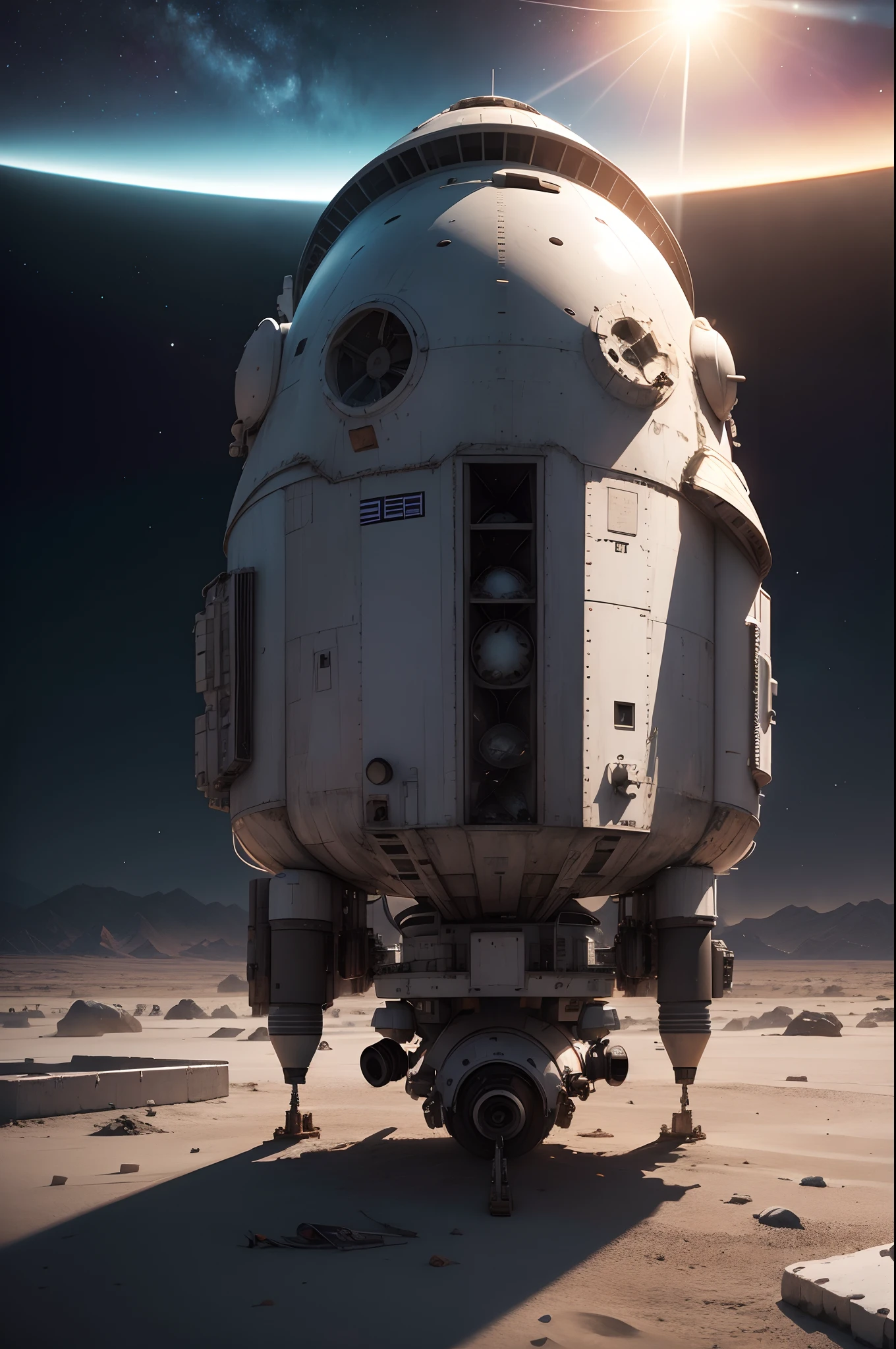 Nave espacial tipo disco volador ovni, Starry in desert place, soledad total, cold sunset low sun, no hay sobreviviente. Imagen hiper realista, cinematography lighting, renderizado a 16K, perspectiva cenital baja, Professional cinematographic lighting, ambiente frio y solitario, trozos de la nave espacial disco volador esparcidos por el terreno, nave espacial enterrada en el piso. The entire flying disc-type spacecraft destroyed, sin sobrevivientes, silencio total, Loneliness and polar cold. Nave espacial disco volador derribada en el suelo, Heavy atmosphere, Acid gases in the environment, frio, sol muy bajo, Nave espacial disco volador enorme, mega construction style H. R. Giger destroyed, Knocked down on the ground after a war, polar cold, polar cold, disco volador estrellado, disco volador estrellado, fuselaje blando, en metal blanco