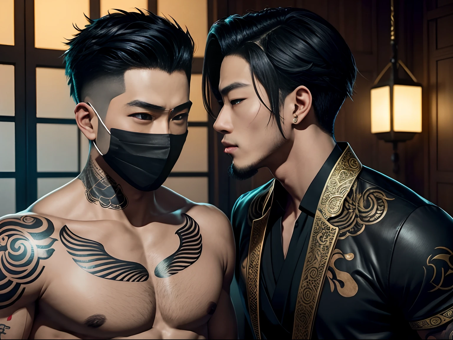 Two oriental men, Boyfriend,Gay, In lovemaking, roleplaying, Play as a sexy bandit(Coquettish),A mask(black in color, Wear it on your face, Balaklafa)!!,Kim Sejia's anime eyes, Shin Jung-ho's anime eyeman, Kiss!!,Head fit, It's almost a kiss, Oriental lanterns, body defined, Beautiful, Oriental, Realistic, Cinematic, High quality, 16k, Best quality, High details, Super detail, Tattoos, upper body photos, The pants are a little revealing