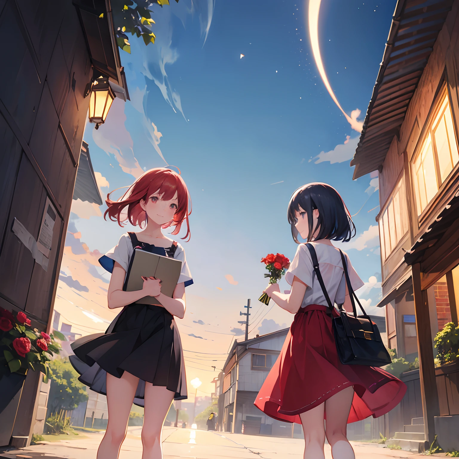 People around Two girls with sketchbooks summer clothing A smile A red rose Half body shot Pupils Town dramatic lights Matte texture pixiv style Shallow depth of field wide angles low angle shot cel anime