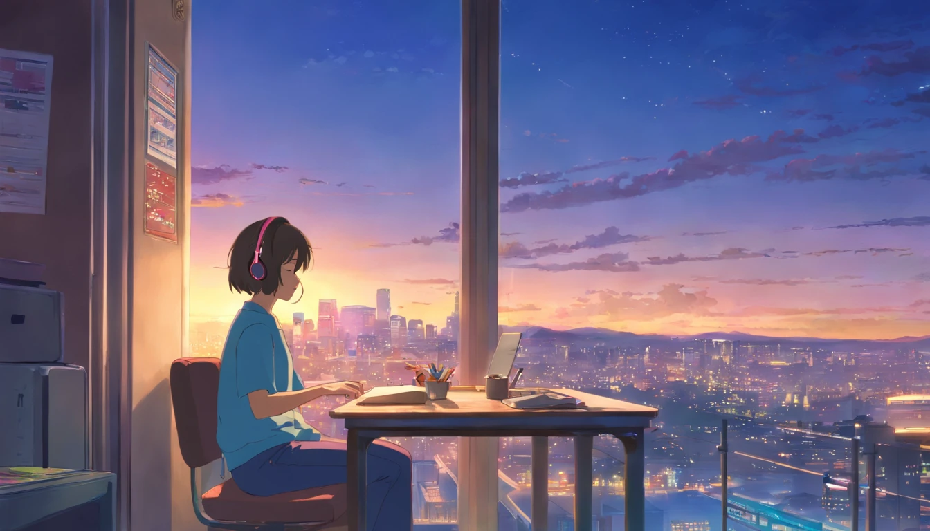 portlate、512、lo fi、Girl in headphones sitting on a chair、Take a nap at your desk、Eyes closed、City view outside the window、early evening、PastelColors、Painting
