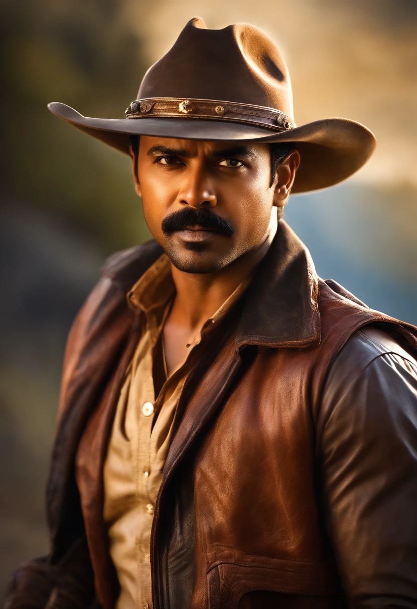 Actor vijay as cowboy with a gun in hand artistic style image realstic