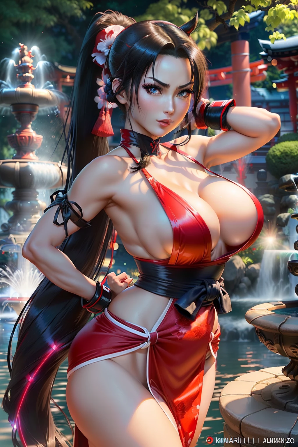 ((Mai shiranui from king of fighters series)) (beautiful face)(big glowing blue eyes)(red lips) (((very long black pony tail hairstyle))) ((very huge breasts) (perfect slim body) ((wears sexy red dress)), (shinnobi gauntlets, stocking) ((big fabric strap around waist)) (posing sexy alongside lotto fountain garden) ((hold japanese fan on hand)) (high definition, amazing lights and shadows) ((masterpiece)) (8k) (perfect face) (ultra details) (perfect hands, eyes, and face) ((fighting pose))