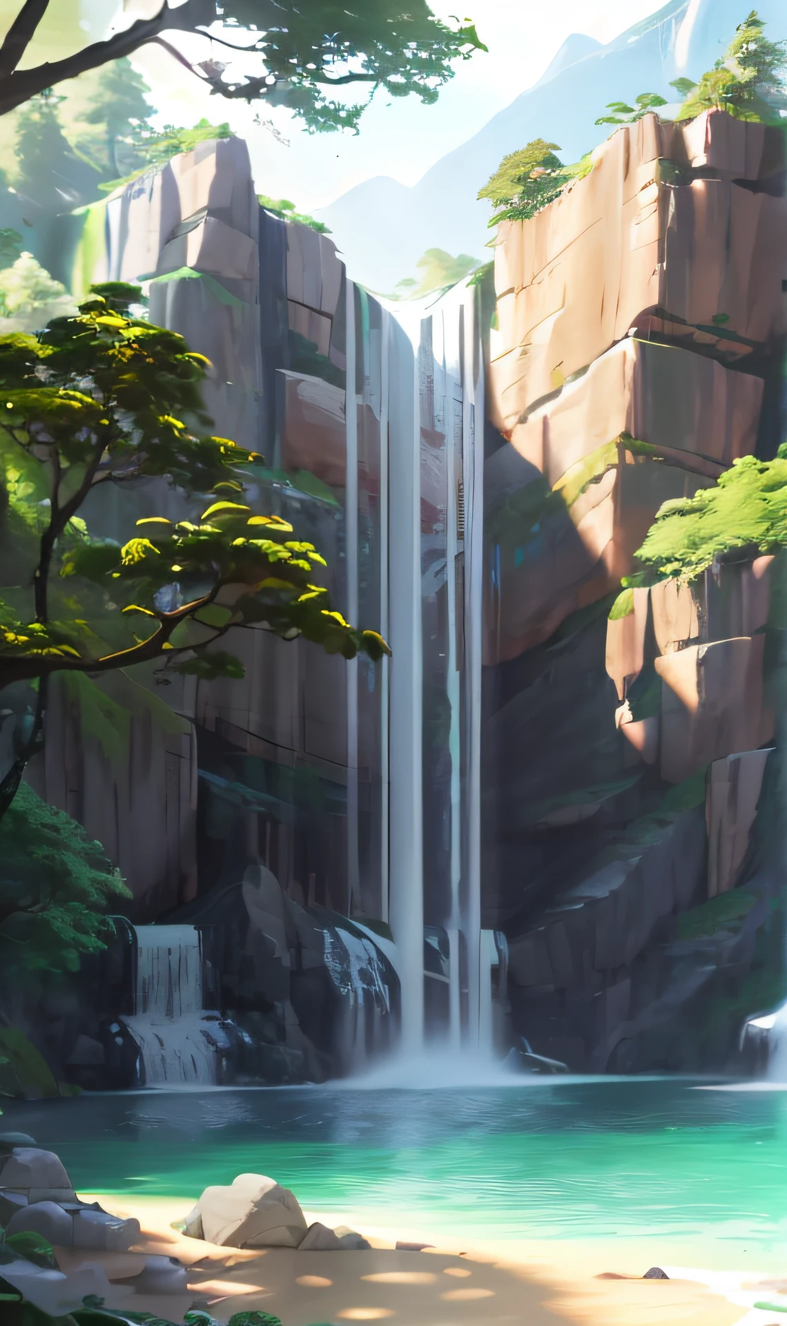 painting of a waterfall in a forest with a waterfall in the background, waterfall backdrop, zootopia concept art, disney concept art, waterfall, environment painting, background artwork, legend of korra setting, dota! matte painting concept art, dota matte painting concept art, immense waterfall, organic matte painting, waterfalls, an endless waterfall, flat matte painting