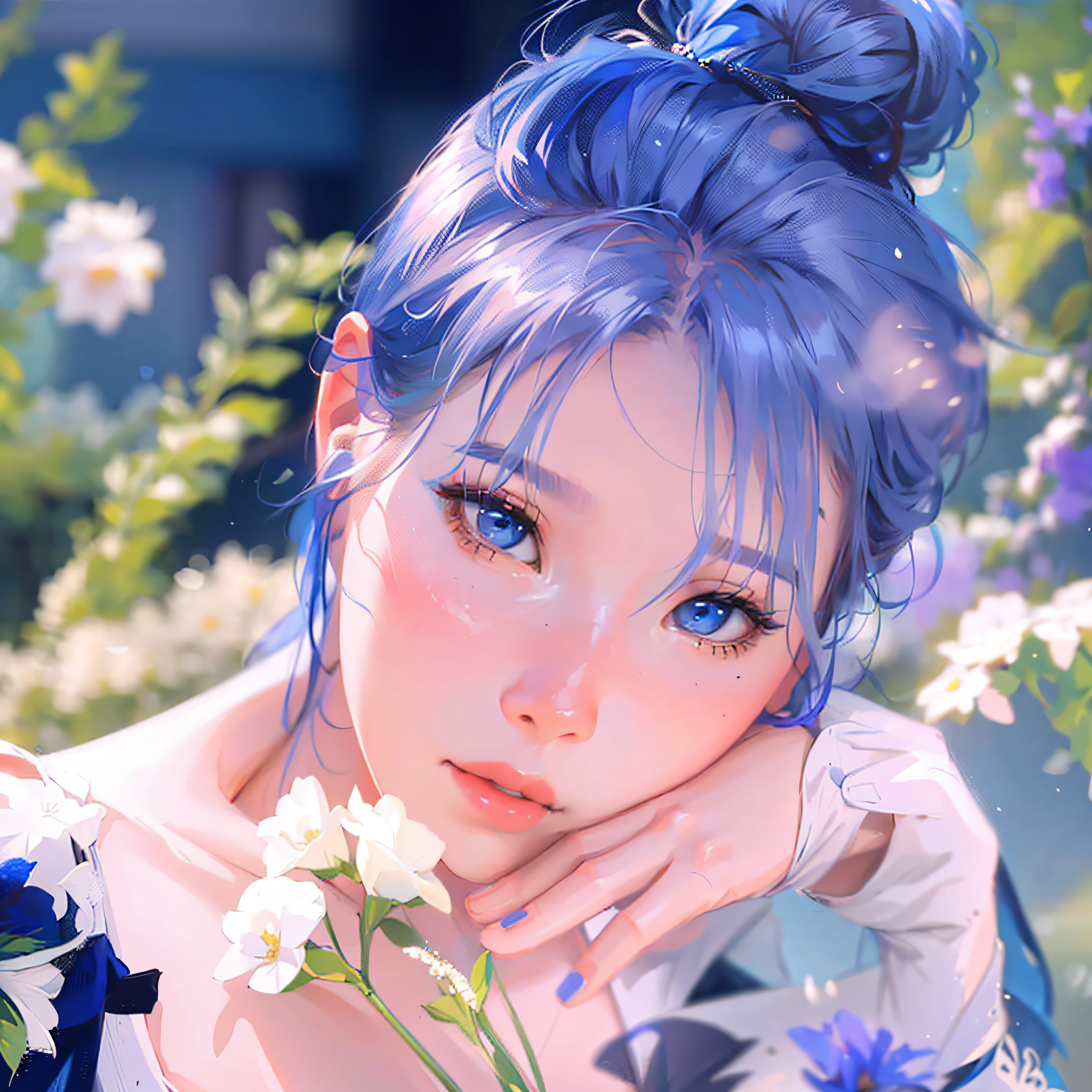 ((Best Quality, 8K, Masterpiece: 1.3)), best quality, ultra high res, (photorealistic:1.4),1girl, IU, Lee Ji-eun, iu art, arms behind back, colorful, clear sharp focus, soft lights, Intricate details, perfect face, a close up of a woman with blue hair and a flower, iu, blue color, jinyoung shin, aesthetic!!!!!! female genie, with blue hair, blue colored, with blue skin, sakimichan, kim doyoung, blue hairstyle, sha xi, rich blue color, by Ye Xin, official artwork, profile pic, 🌺 cgsociety, by Yang J