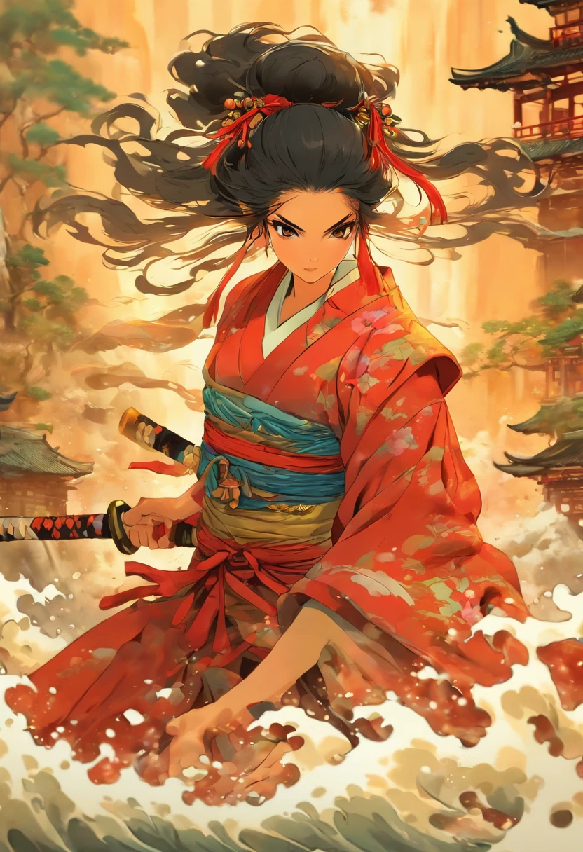 (((woman)) best quality, ultra-high resolution, 4K detailed CG, masterpiece, Izanami,Black hair,woman, samurai,water,river,feudal Japan, ((full body)),Shui Mo Hua, Chinese painting style, Thangka Style, aesthetic, beautiful image, centered on the canvas