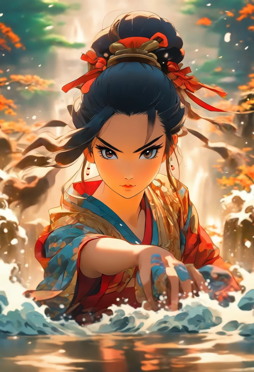 (((woman)) best quality, ultra-high resolution, 4K detailed CG, masterpiece, Izanami,Black hair,woman, samurai,water,river,feudal Japan, ((full body)),Shui Mo Hua, Chinese painting style, Thangka Style, aesthetic, beautiful image, centered on the canvas