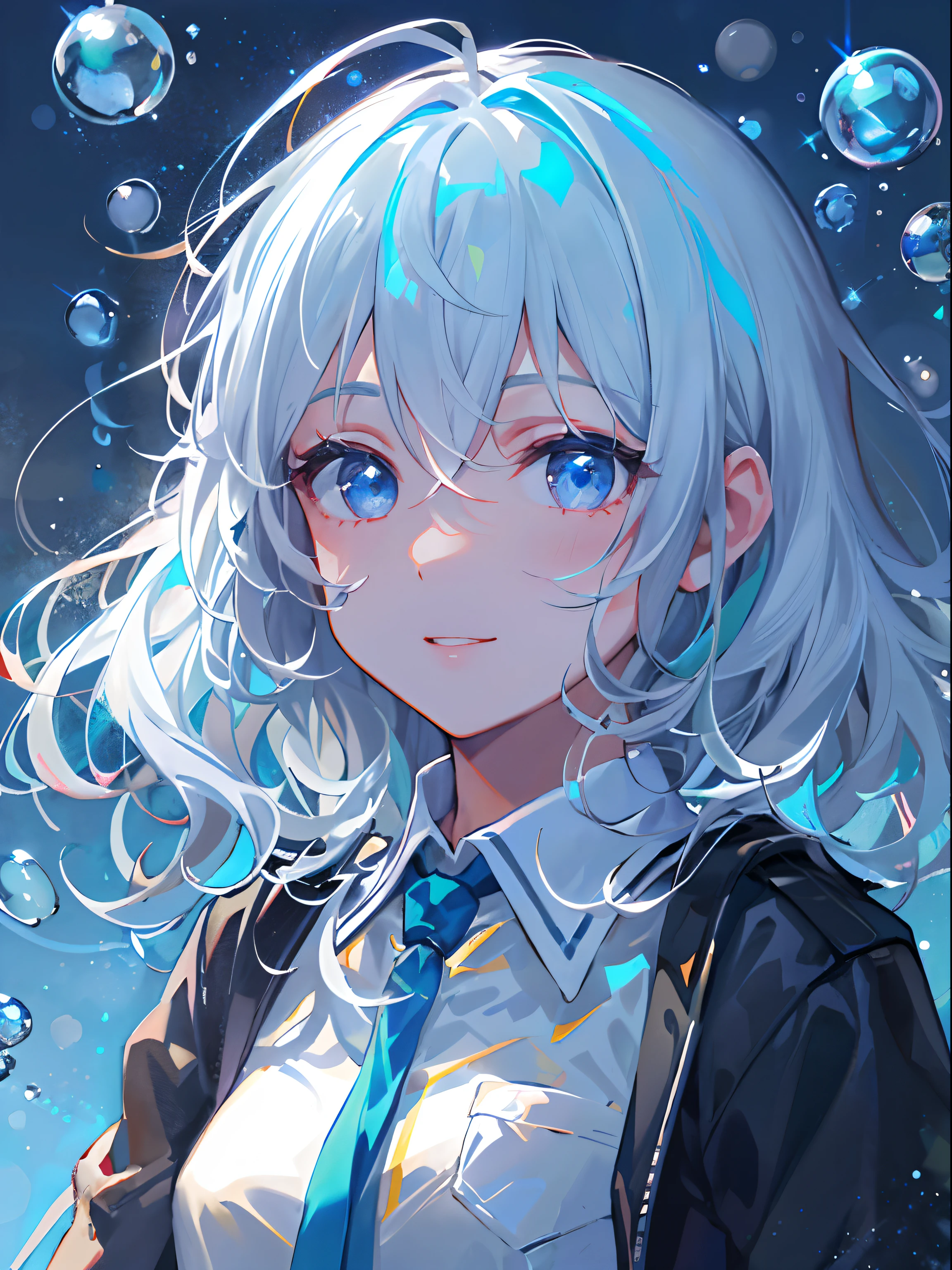 ((top-quality)), ((masterpiece)), ((ultra-detailliert)), (extremely delicate and beautiful), girl with, 独奏, cold attitude,((Black jacket)),She is very(relax)with the(Settled down)Looks,A dark-haired, depth of fields,evil smile,Bubble, under the water, Air bubble,bright light blue eyes,Inner color with light white hair and and light blue tips,Cold background,Bob Hair - Linear Art, shortpants、knee high socks、White uniform like school uniform、Light blue ribbon ties、Clothes are sheer、Hands in pockets、Bright eyes like sapphires,flourescent blue, There was a little blue light floating around、Upper eyes、