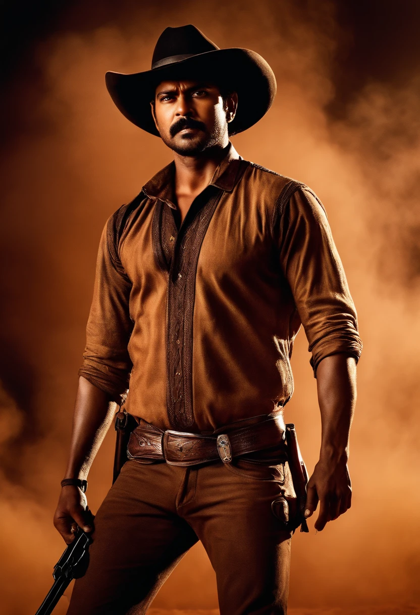 Actor thalapthy vijay as cowboy with a gun in hand artistic style image realstic standing near a horse wind blowing dust effect