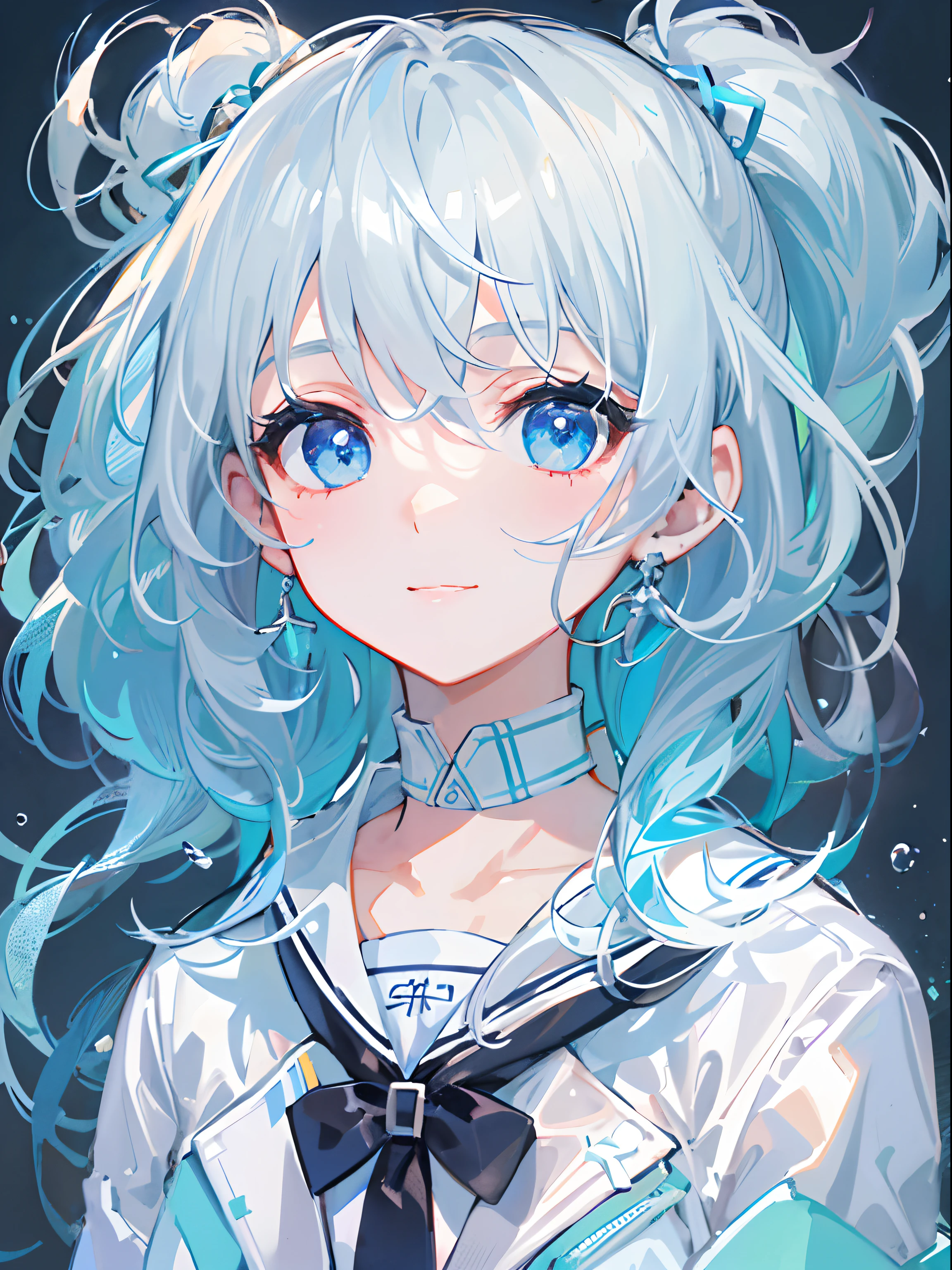 ((top-quality)), ((masterpiece)), ((ultra-detailliert)), (extremely delicate and beautiful), girl with, 独奏, cold attitude,((Black jacket)),She is very(relax)with the(Settled down)Looks,A dark-haired, depth of fields,evil smile,Bubble, under the water, Air bubble,bright light blue eyes,Inner color with light white hair and and light blue tips,Cold background,Bob Hair - Linear Art, shortpants、knee high socks、White uniform like school uniform、Light blue ribbon ties、Clothes are sheer、Hands in pockets、Bright eyes like sapphires,flourescent blue, There was a little blue light floating around、Upper eyes、