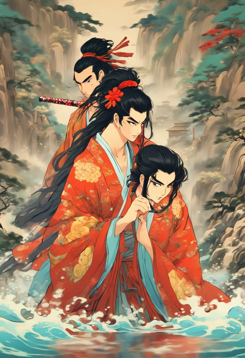 (((couple)) best quality, ultra-high resolution, 4K detailed CG, masterpiece, A couple,Black hair,woman,samurai man,water,river,feudal Japan, ((man and woman)),Shui Mo Hua, Chinese painting style, Thangka Style, aesthetics, beautiful image, centered on the canvas