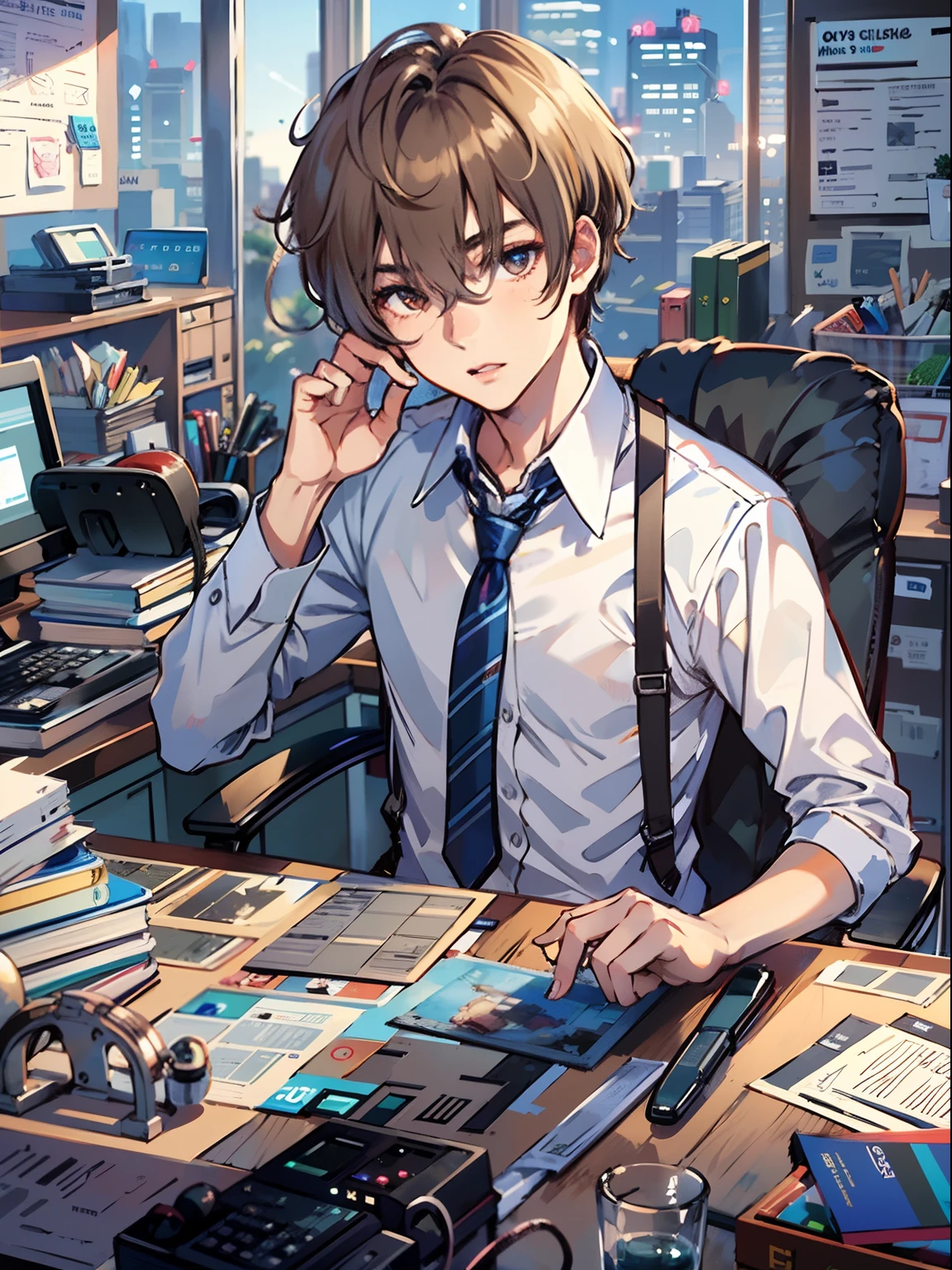 1boy, only、(Man's :2),(bobhair:1.5)、light brown hair、Suits、Brightly colored ties、Cluttered office、Twilight,Natural lighting、hightquality、masutepiece,8K,hight resolution、