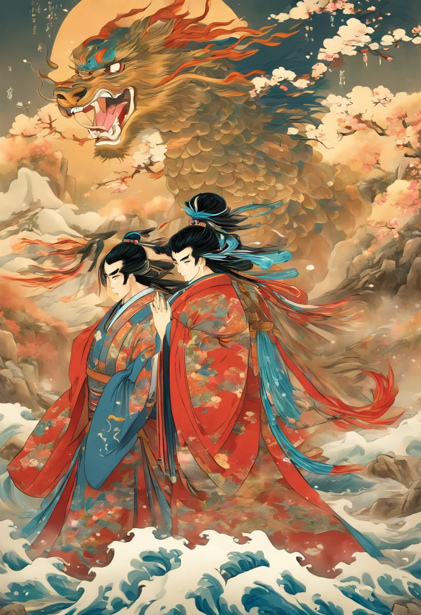 (((husband and wife)) best quality, ultra-high resolution, 4K detailed CG, masterpiece, A couple,Black hair,couple,dancing,samurai,water,river,feudal Japan, ((dancing couple)) ,Shui Mo Hua,Chinese painting style, Thangka Style, aesthetics, beautiful image, centered on the canvas
