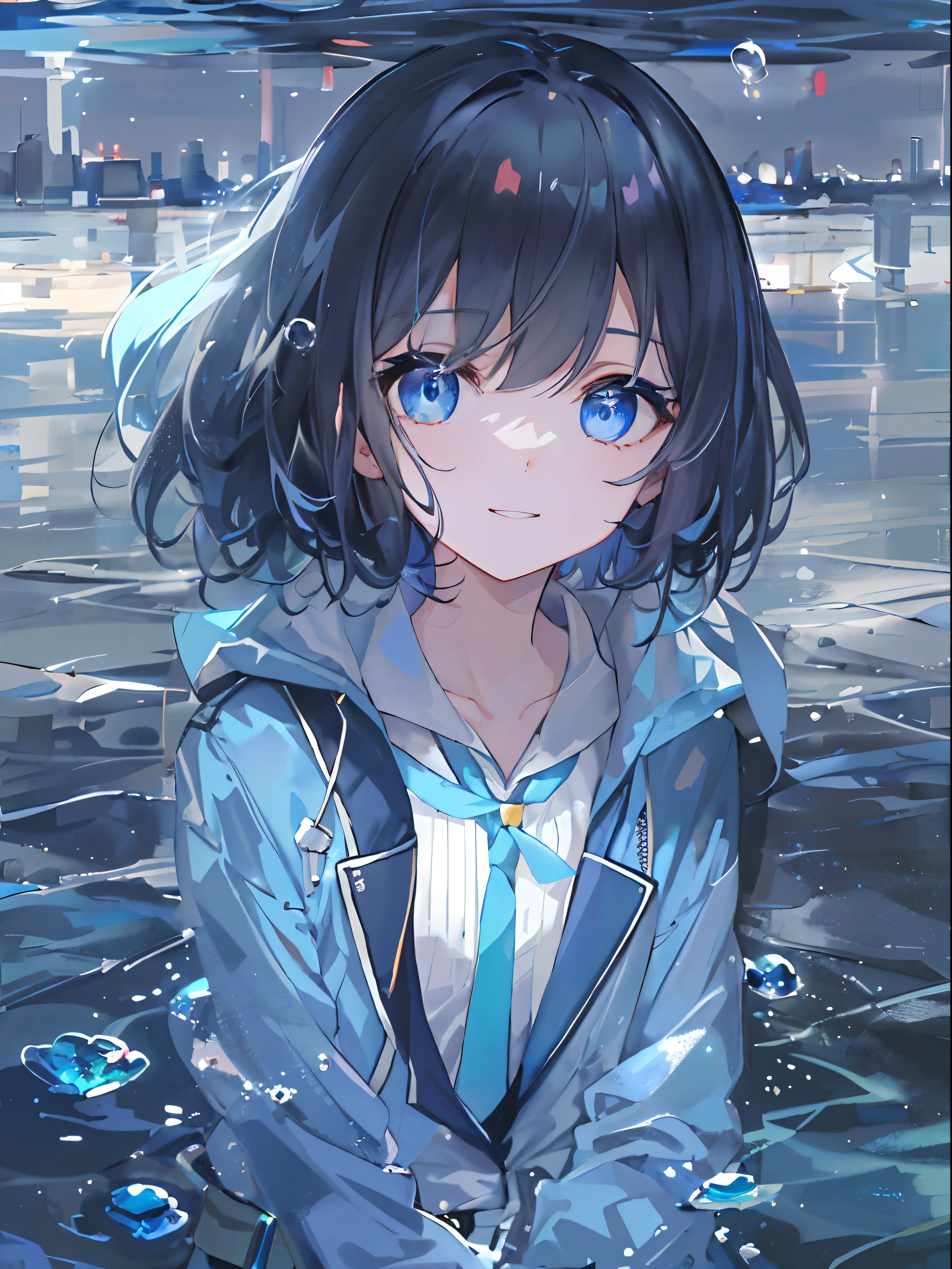 ((top-quality)), ((masterpiece)), ((ultra-detailliert)), (Extremely delicate and beautiful), girl with, 独奏, cold attitude,((Black jacket)),She is very(relax)with the(Settled down)Looks,A dark-haired, depth of fields,Evil smile,Bubble, under the water, Air bubble,bright light blue eyes,inner color with bright gray hair and light blue tips,,Cold background,Bob Hair - Linear Art, shortpants、knee high socks、White uniform like school uniform、Light blue ribbon ties、Clothes are sheer、Hands in pockets、Bright eyes like sapphire,Fron Lesse Blue, A small blue light was floating、Upper Eyes、