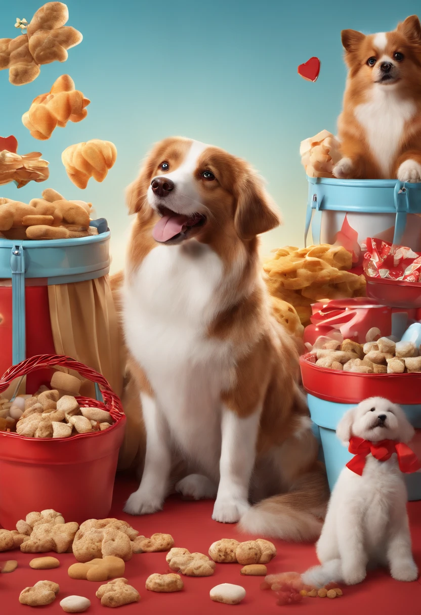 there is a cute dog in a red apron in the center of the poster, holding a shopping basket in his handvery happy and content expression, surrounded by pet treats, toys, and clothing.with a light bluebackground, masterpiece, sunny, poster, 3d, c4d, oc render, mixer, soft light, high quality, welldesigned