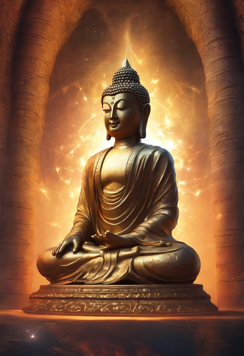 BUDDHA STATUE, stone, Texture, Tall, Majestic, The background is illuminated by sunlight,inverted image,Lateral face, cinematic