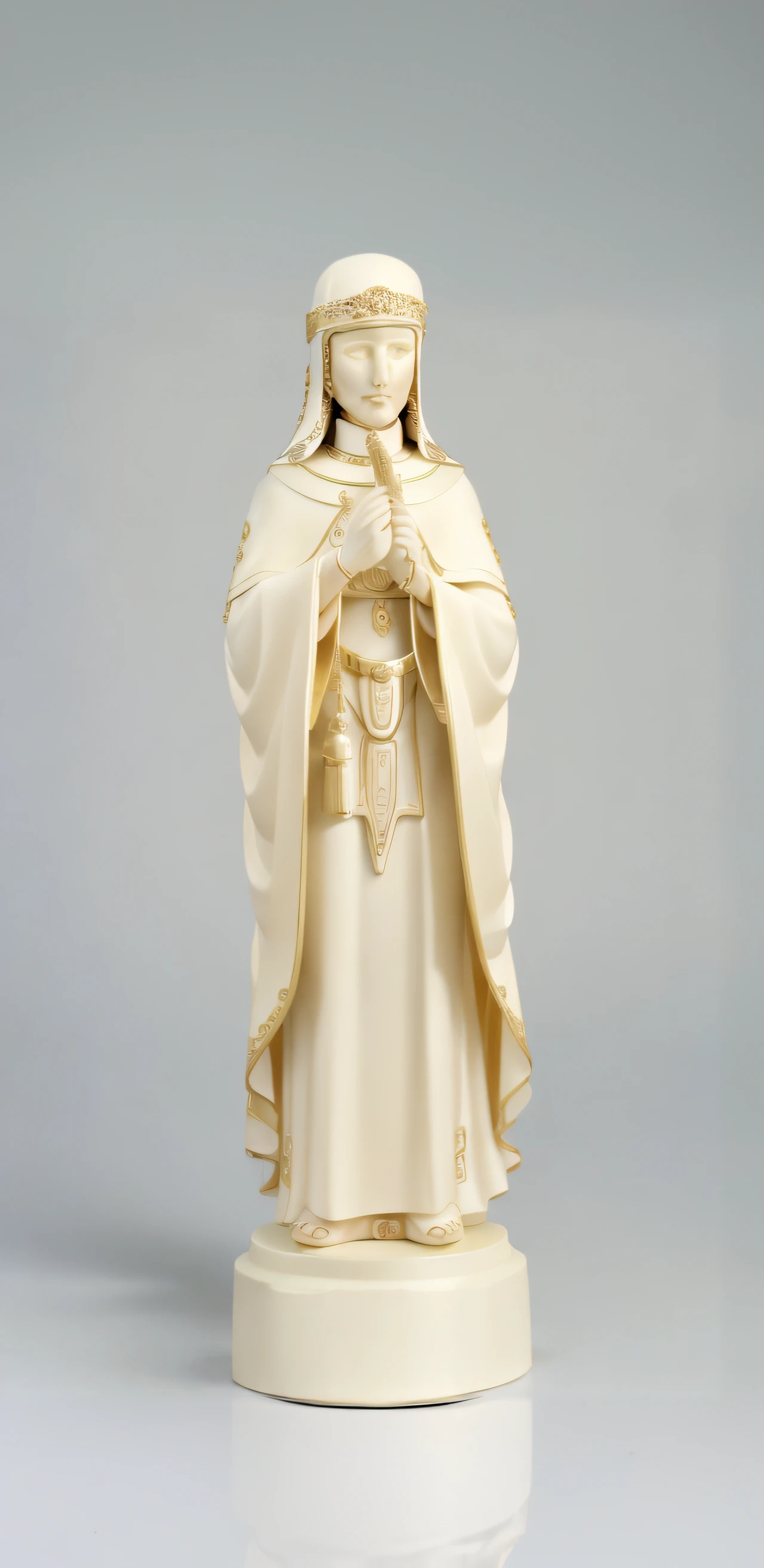 A closeup of a statue of a woman in a white cloak, Santo de ouro bonito, ( figura altamente detalhada ), santo, imagem detalhada, imaculadamente detalhado, em detalhe, detailed high resolution, vista lateral detalhes intrincados, majestosa mulher de santo, Capa dourada e branca, foto de zoom detalhada, resin statue, ( lado ) Perfil, marfim esculpido, vistas laterais frontais completas