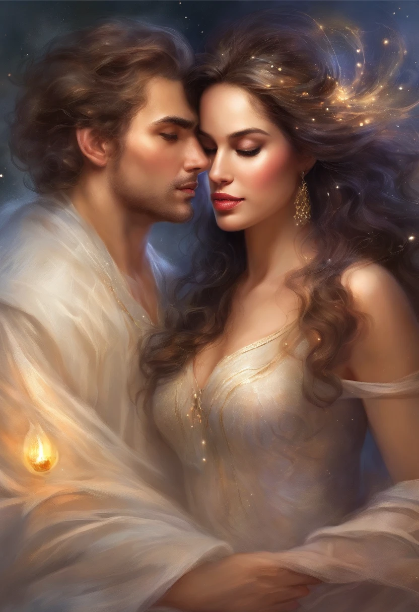 Romantic couple kissing in the wind，Boys and girls，glowing stars，Glow effects，Heart-shaped bubbles，the night，On a cruise ship，The face is clear and accurate，detail in face，super-fine，beachside，16K resolution，high qulity，电影灯光，High picture detail，dynamic viewing angle，Detailed pubic hair，Epic shooting，oc rendered