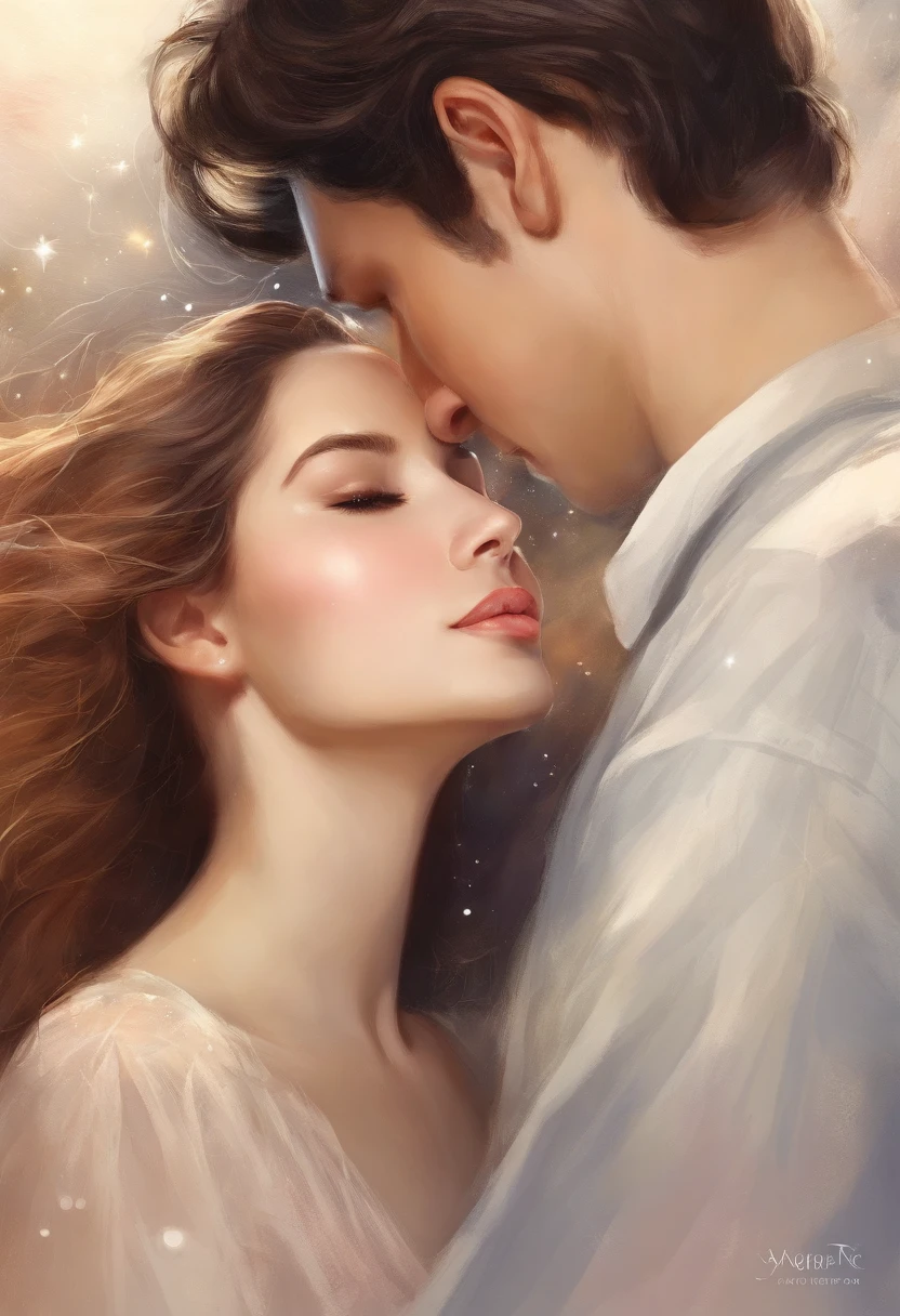 Romantic couple kissing in the wind，Boys and girls，glowing stars，Glow effects，Heart-shaped bubbles，the night，On a cruise ship，The face is clear and accurate，detail in face，super-fine，beachside，16K resolution，high qulity，电影灯光，High picture detail，dynamic viewing angle，Detailed pubic hair，Epic shooting，oc rendered