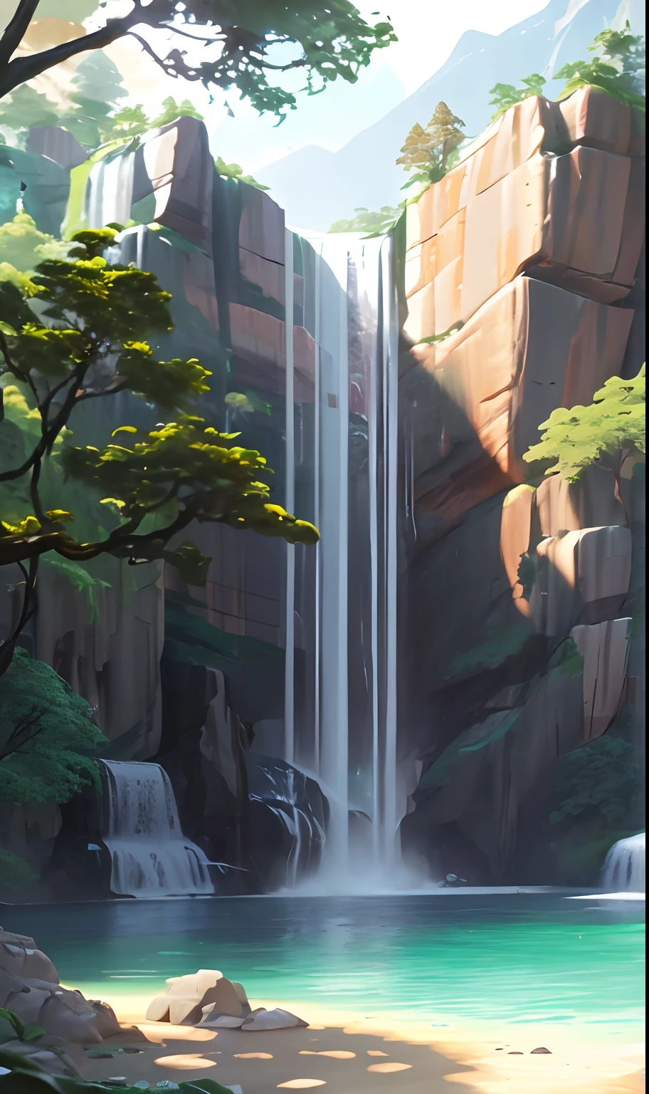 painting of a waterfall in a forest with a waterfall in the background, waterfall backdrop, zootopia concept art, disney concept art, waterfall, environment painting, background artwork, legend of korra setting, dota! matte painting concept art, dota matte painting concept art, immense waterfall, organic matte painting, waterfalls, an endless waterfall, flat matte painting