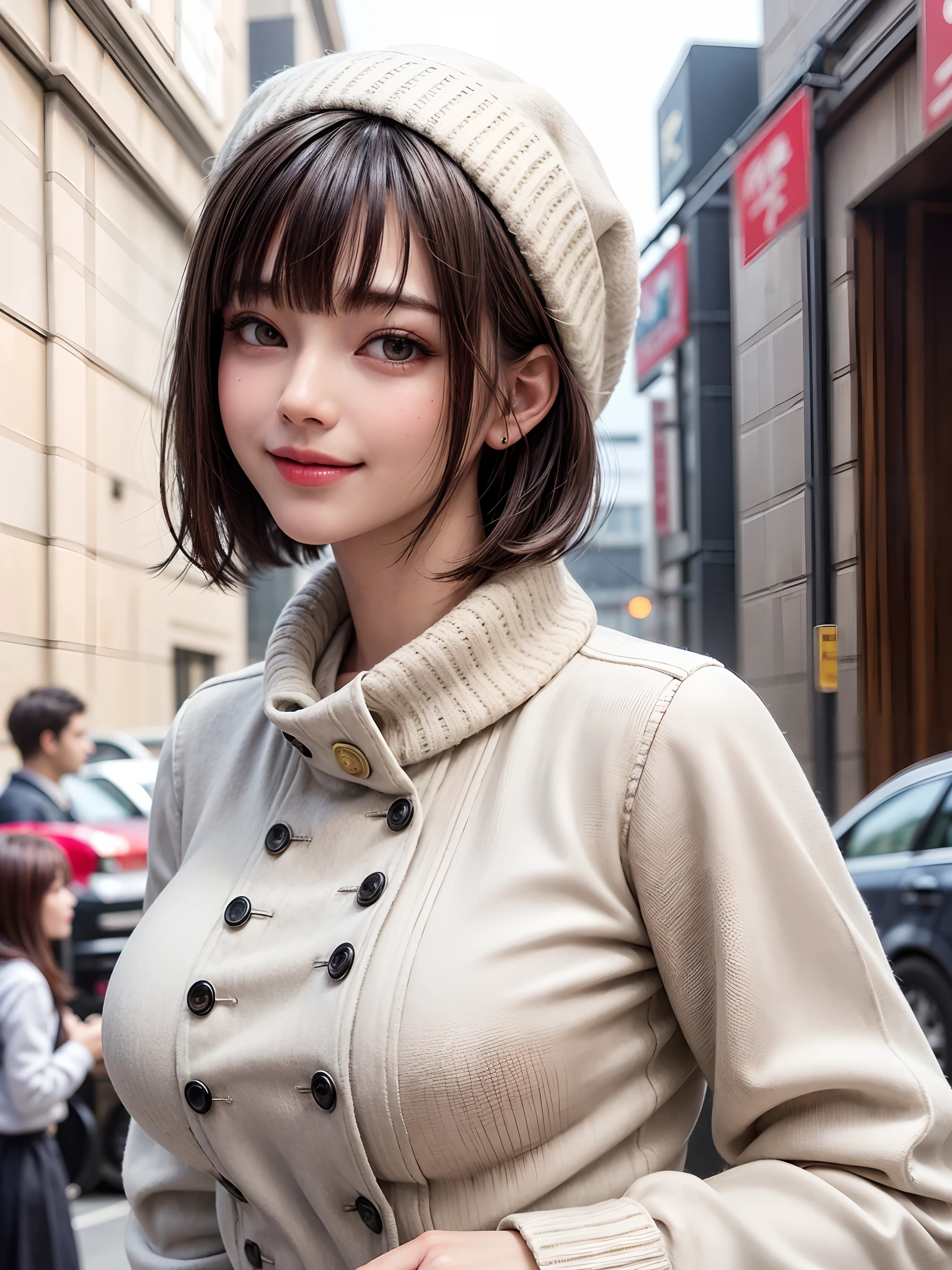 (masterpiece, top-quality),1girl in, 独奏, A dark-haired, scarf, Hats,, realisitic, looking at the viewers, black eyes of light color, shorth hair, coat, Winter clothes, White headscarf, s lips, lipgloss,bangss,, a closed mouth, The upper part of the body、big eye、Lashes、((Street))、((Shorthair with bangs、big eye、Put very strong highlights in your students、very Bigger breasts、gazing at viewer、Very beautiful beauty、Put your ears out、long neck、little smiling、Close your mouth and smile)))、